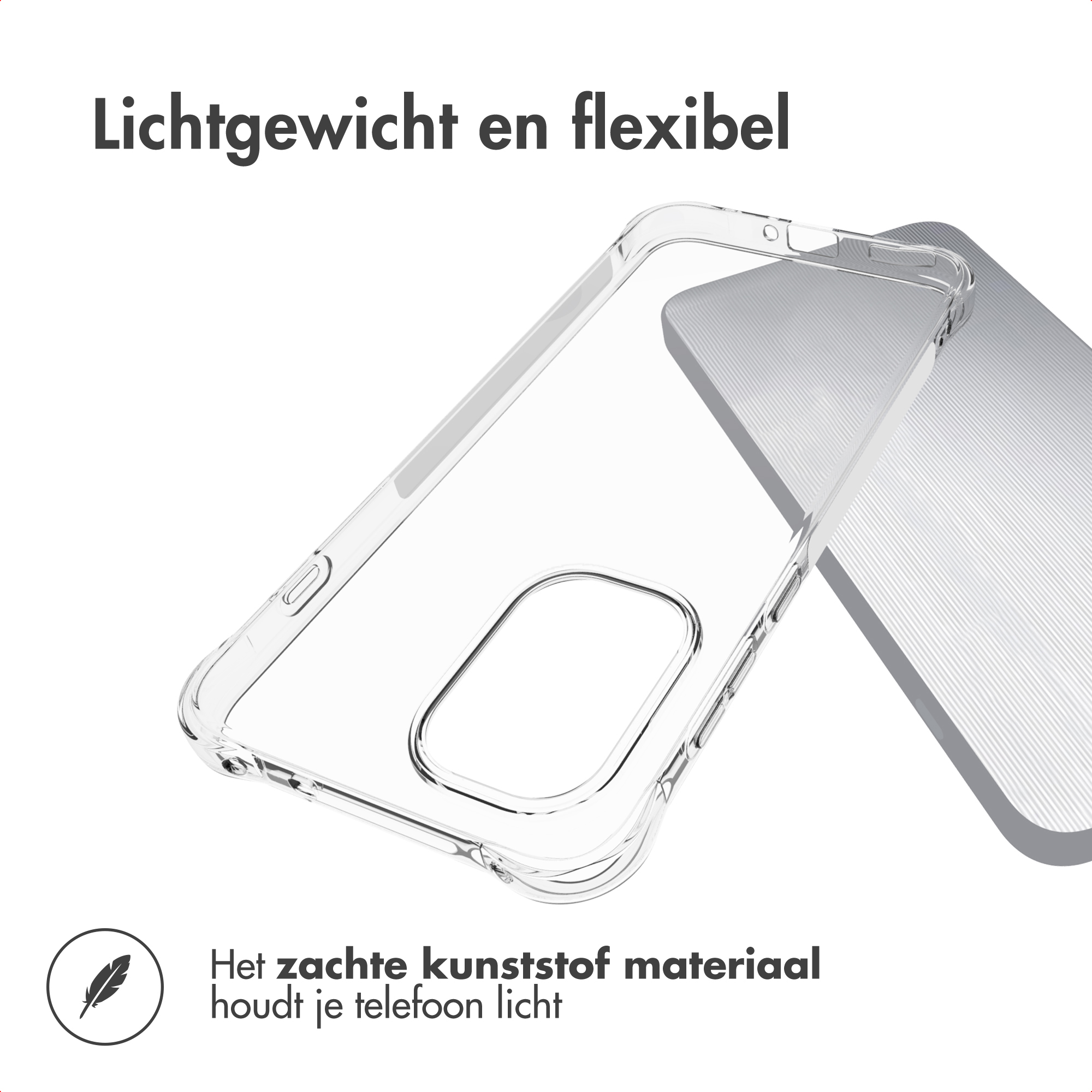 Transparante telefoonhoes op grijze ondergrond, tekst 'Lichtgewicht en flexibel', met veer-icoon.