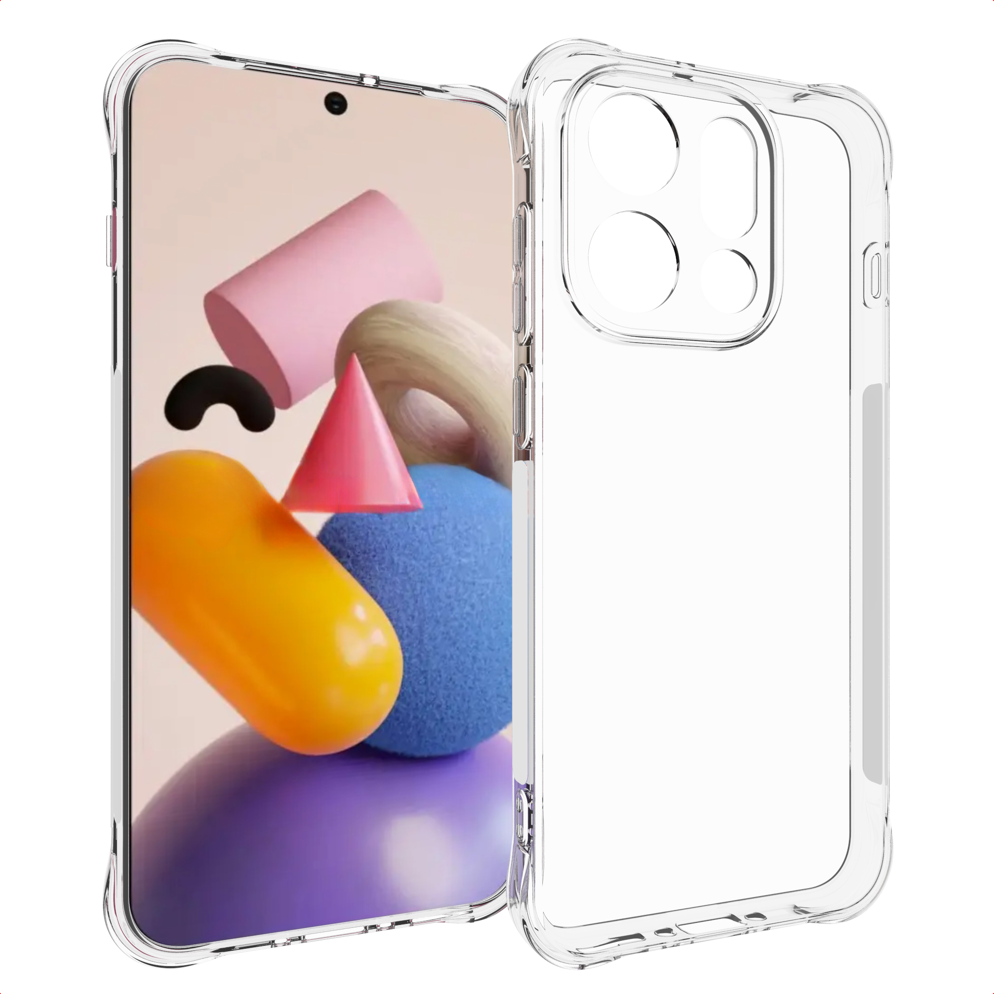 Een doorzichtige telefoonhoes toont een telefoon met kleurrijke abstracte vormen erin, en de hoes zelf is ook zichtbaar.
