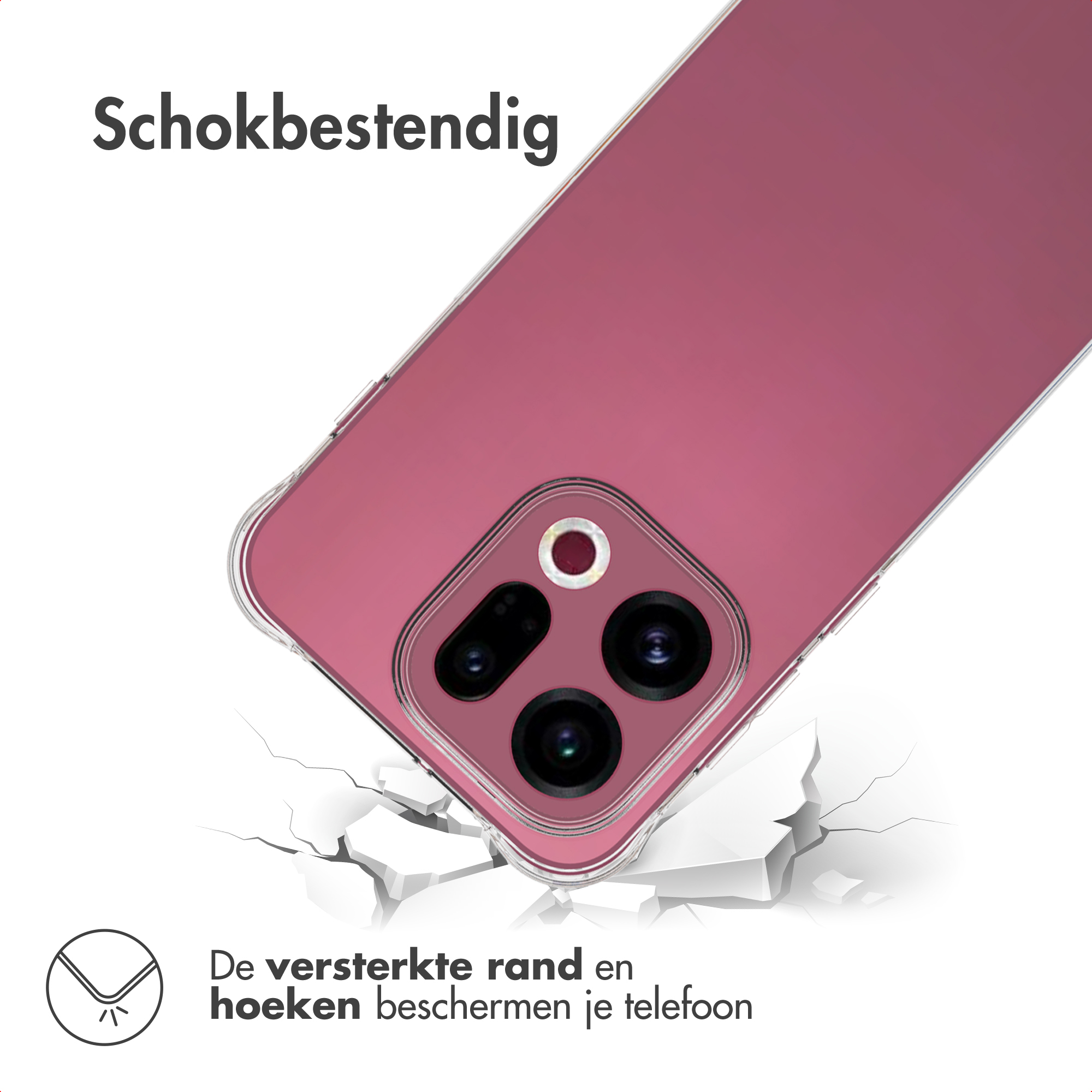 Een telefoonhoesje wordt getoond, met een roze telefoon erin. De hoes valt en barst de grond eronder. Tekst is aanwezig.