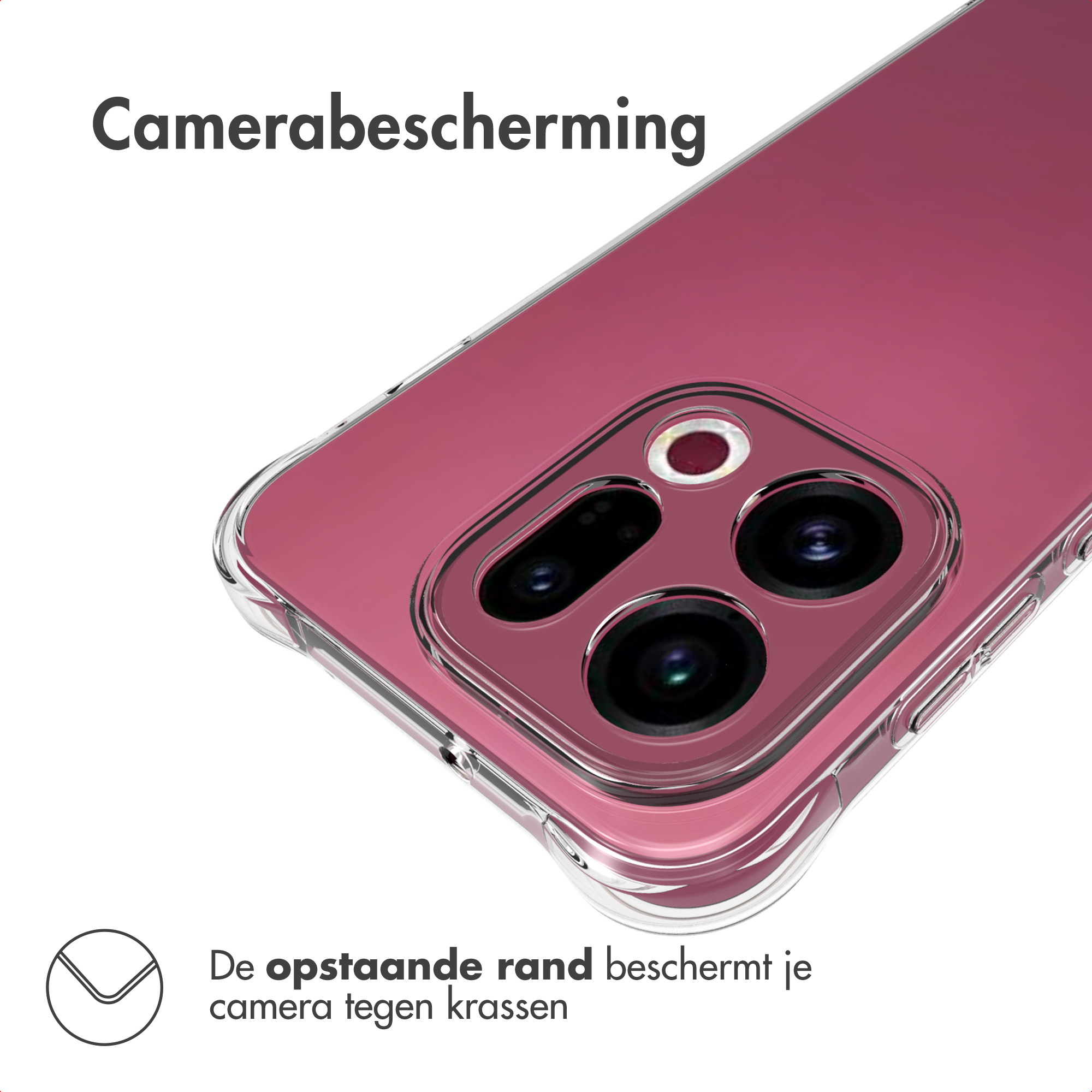 Een telefoonhoesje met camerabescherming. De hoes is transparant, de telefoon is roze. Tekst zegt: Camerabescherming.