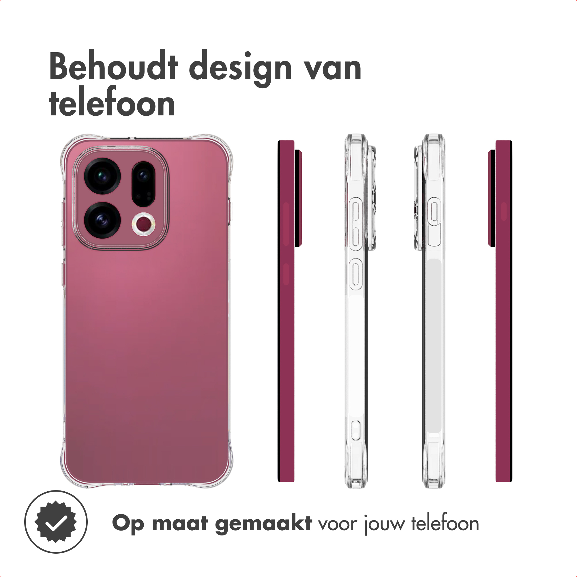 Telefoonhoesje in roze. Het wordt vanuit meerdere hoeken getoond. De tekst zegt 'Behoudt telefoonontwerp' en 'Op maat gemaakt voor je telefoon'.