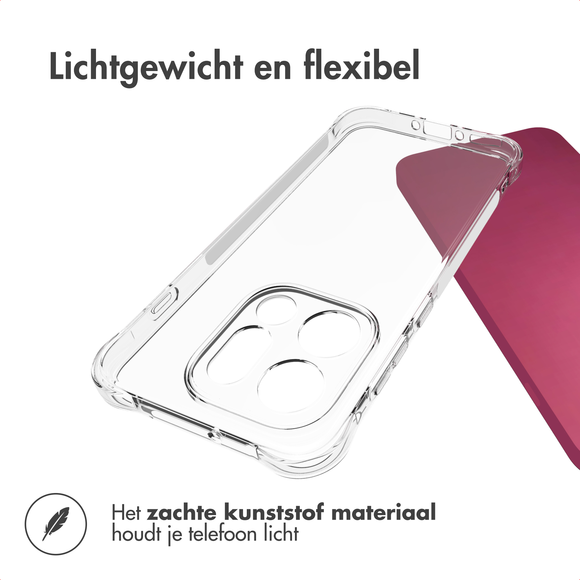 Transparante telefoonhoes op witte achtergrond, deels over een magenta oppervlak. Tekst: 'Lichtgewicht en flexibel'.