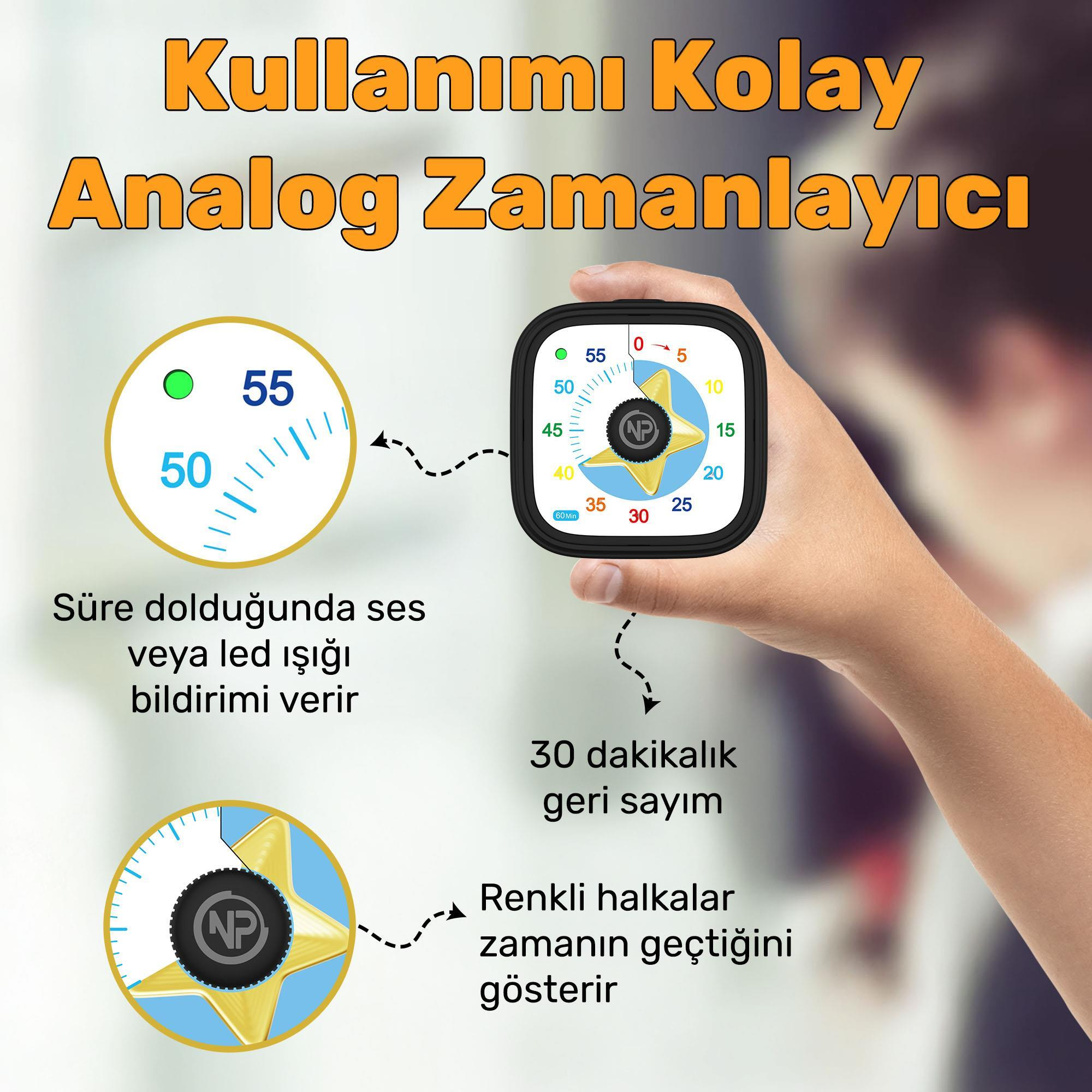 El, analog bir zamanlayıcı tutuyor. Rakamlarla dönen bir kadranı ve merkezi bir düğmesi var. Türkçe metin işlevlerini açıklıyor.