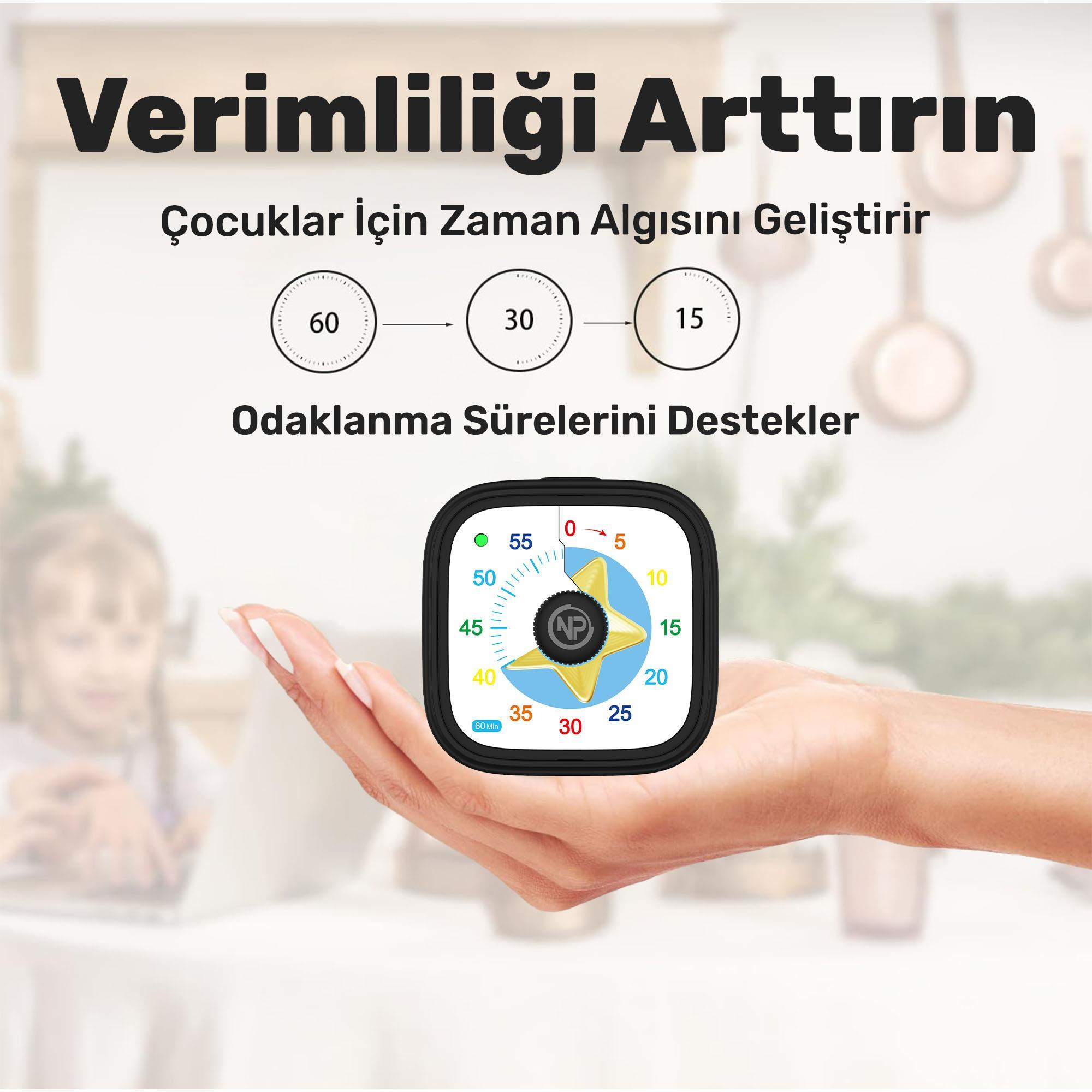 Bir el bir zamanlayıcı tutuyor. Zamanlayıcı, beyaz kadran ve rakamlarla siyahtır. Üstte Türkçe metin var.