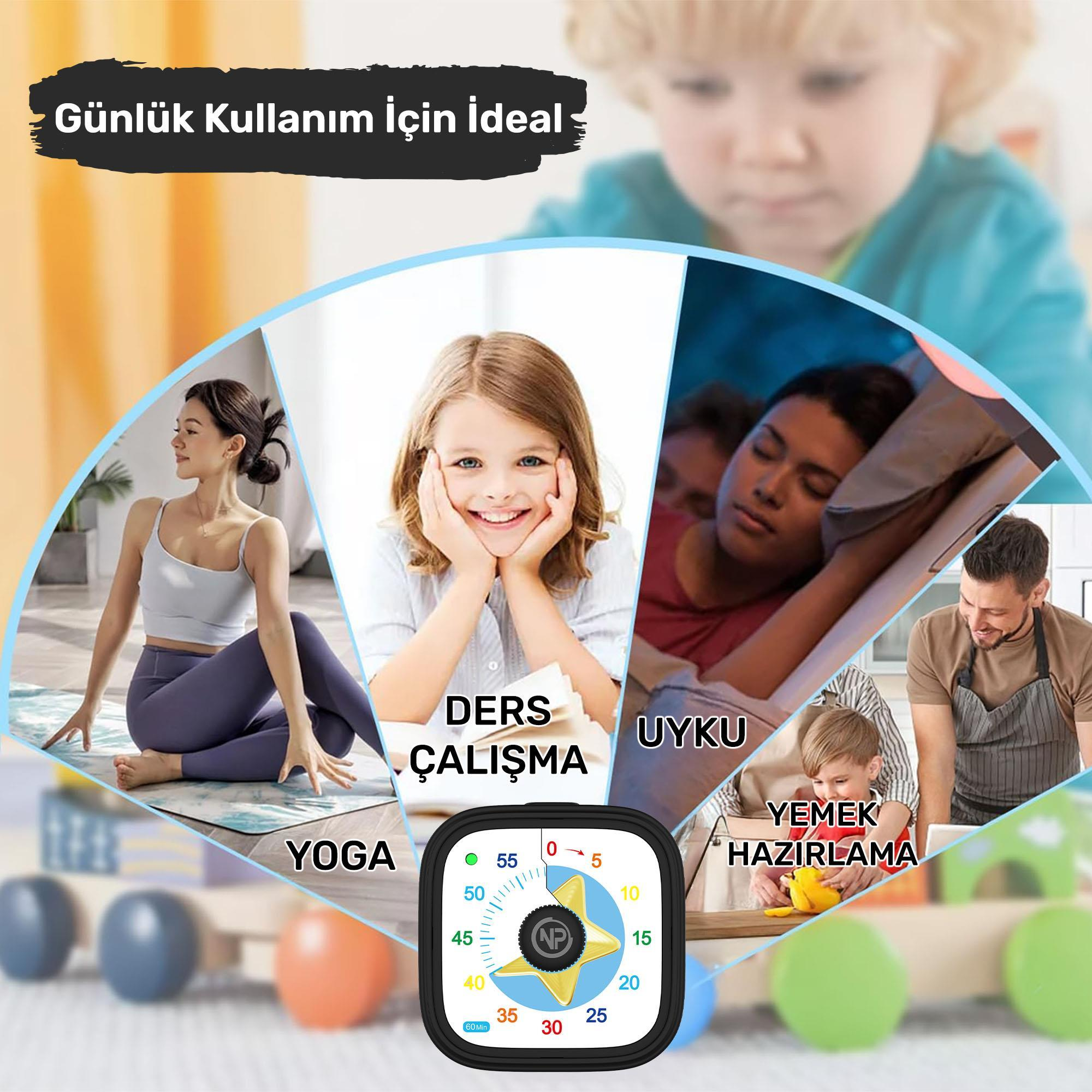 Görsel, yoga, ders çalışma, uyuma ve yemek pişirme aktivitelerini gösteriyor. Ortada bir zamanlayıcı var. Metin: Günlük Kullanım İçin İdeal.