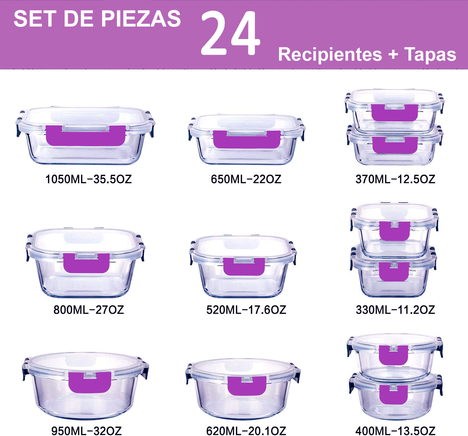Un juego de 24 recipientes de vidrio con tapas. Tienen clips morados y están etiquetados con tamaños en ml y oz.