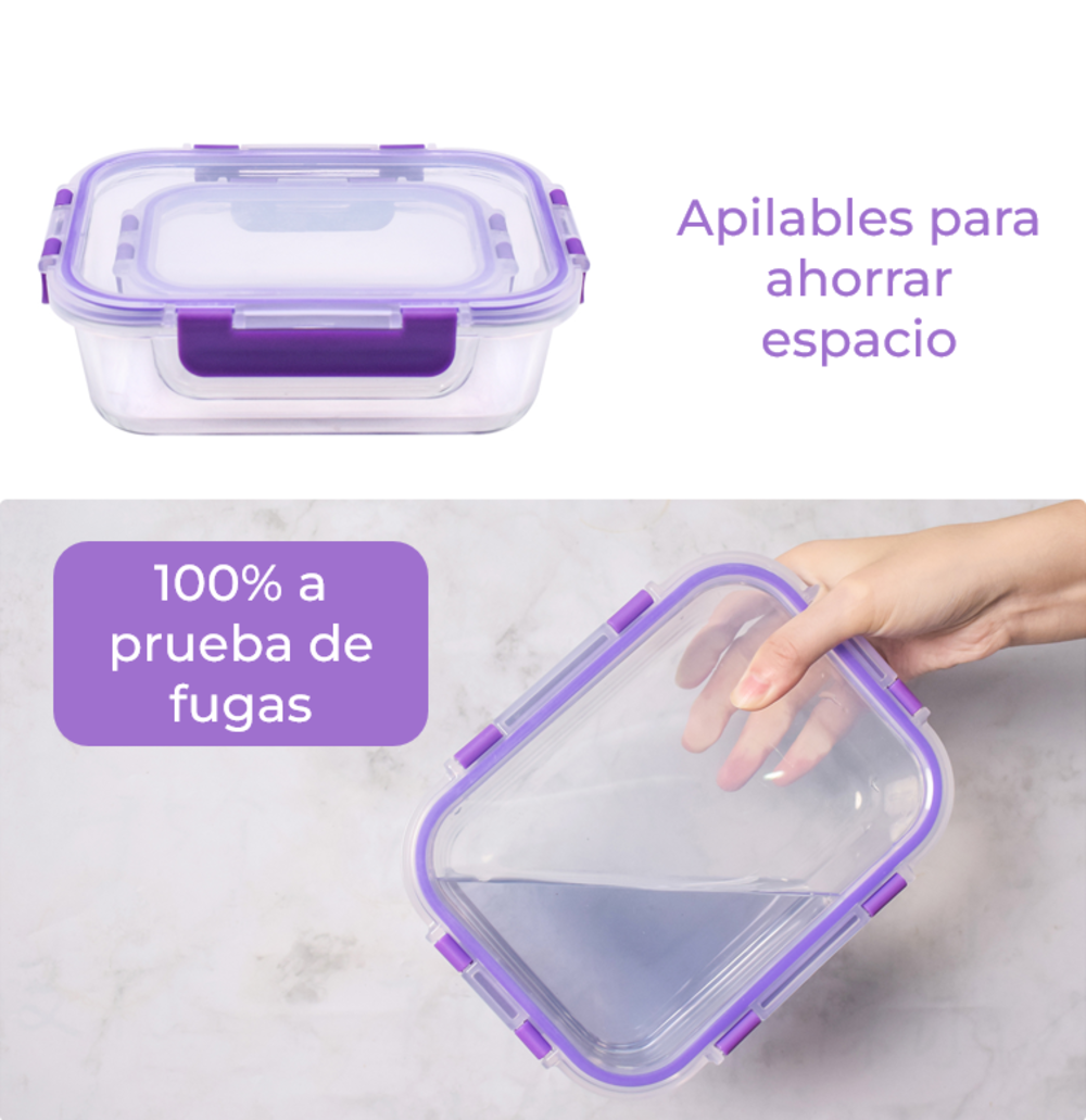 Contenedor de alimentos transparente con detalles morados. Texto: 'Apilables para ahorrar espacio' y '100% a prueba de fugas'.