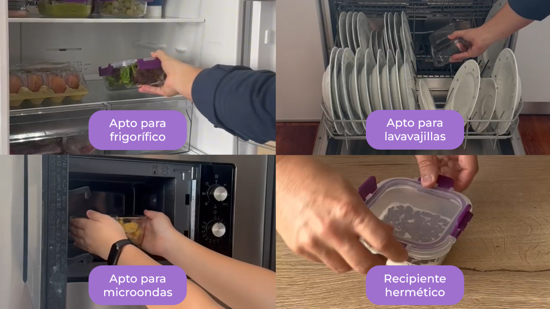 La imagen muestra diferentes usos de recipientes: nevera, lavavajillas, microondas y hermético. Las manos interactúan con los recipientes.