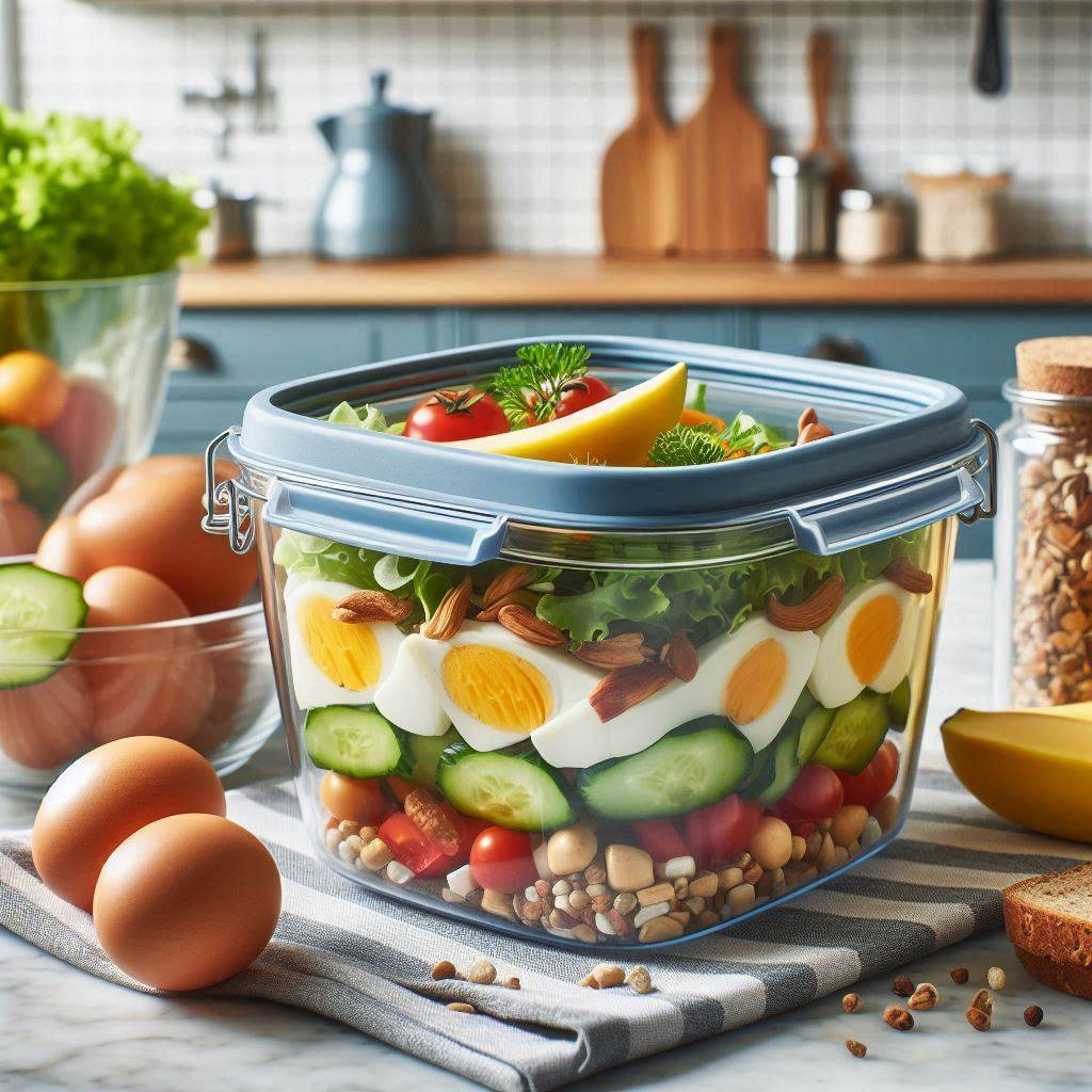 Un recipiente transparente contiene una ensalada en capas con huevos, pepinos, tomates, nueces y lechuga. Los huevos y otros ingredientes lo rodean.