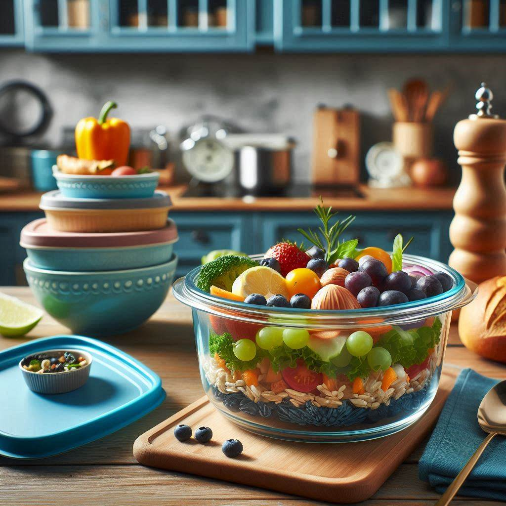 Una ensalada colorida de frutas y verduras en un cuenco de vidrio. Cuencos y utensilios de cocina al fondo. Mesa de madera y tabla de cortar.