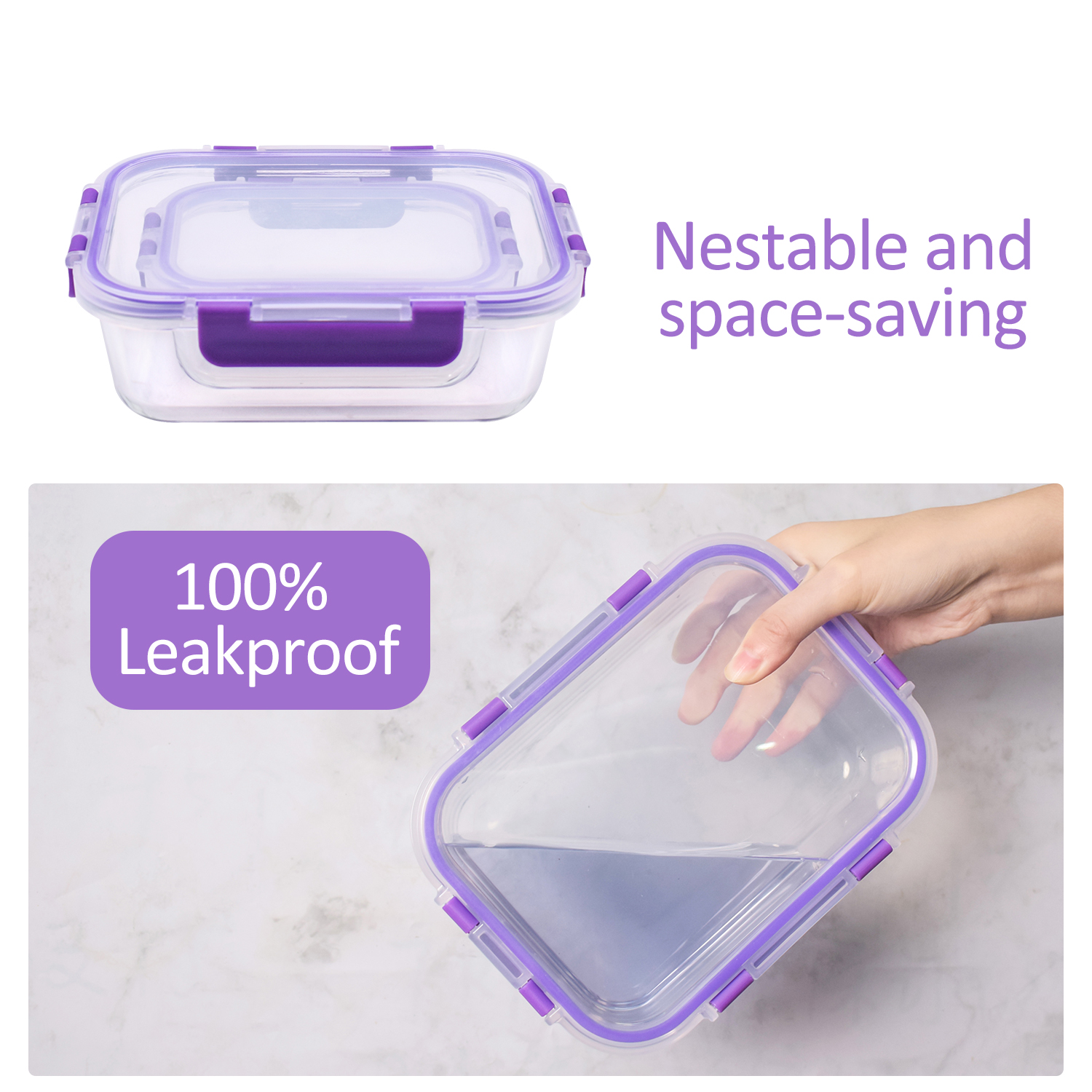La imagen muestra un recipiente de alimentos rectangular transparente con tapa y clips morados. El texto dice: Apilable y que ahorra espacio, y 100% a prueba de fugas.