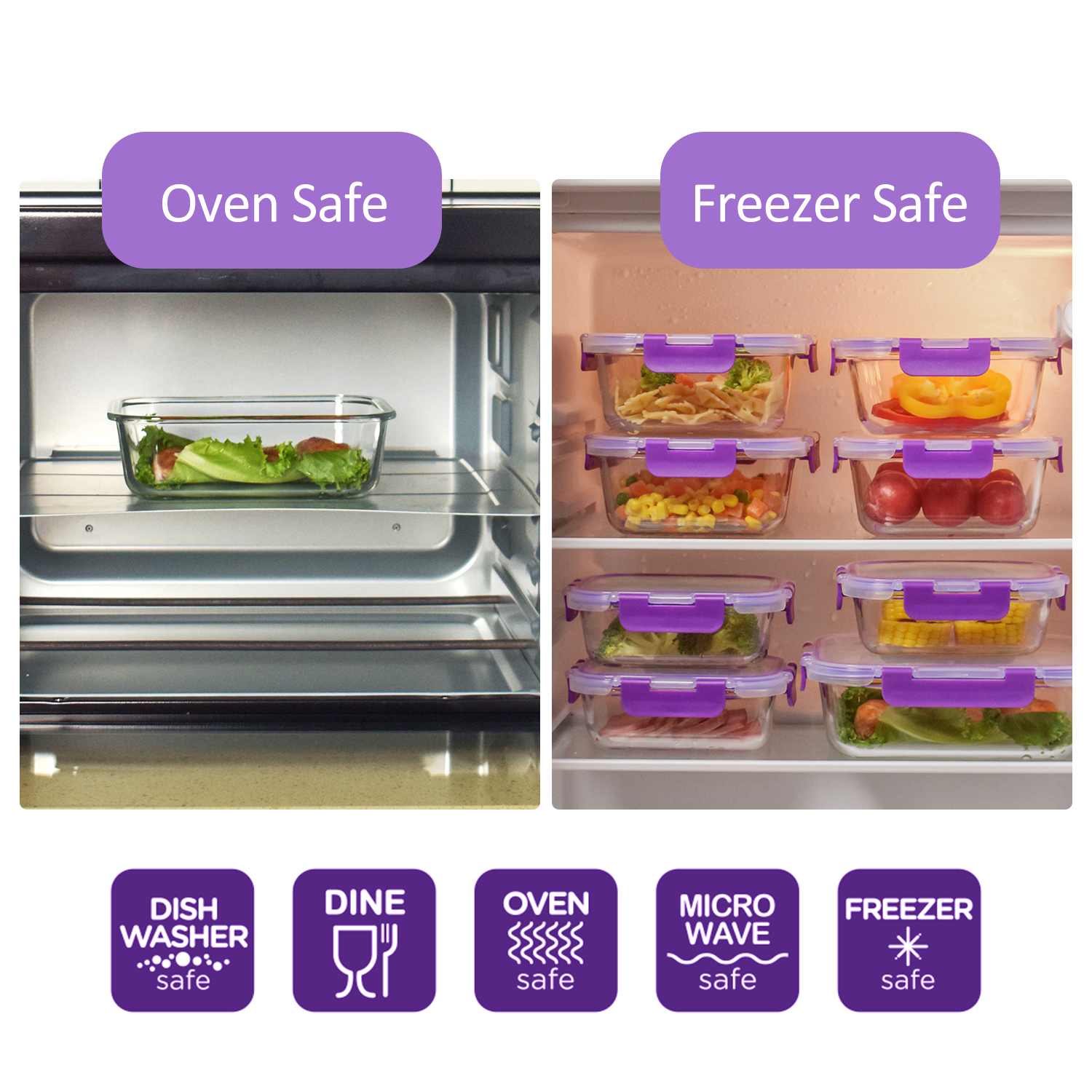 La imagen muestra un recipiente apto para horno con comida y recipientes aptos para congelador en una nevera. Iconos de lavavajillas, comedor, horno, microondas y congelador.
