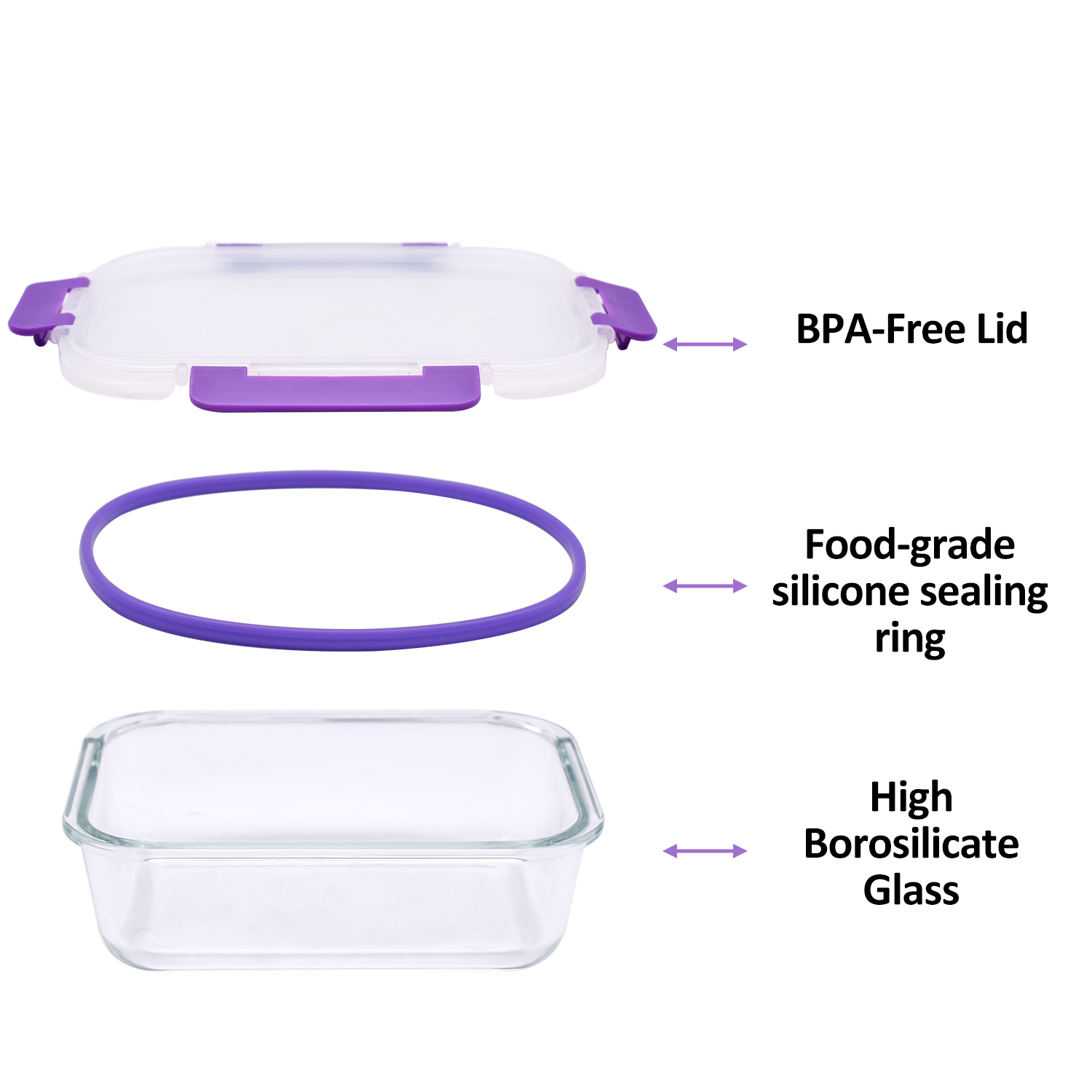 Contenedor de alimentos desmontado: tapa con clips morados, anillo de sellado morado, recipiente de vidrio. Etiquetas indican sin BPA y vidrio de borosilicato.