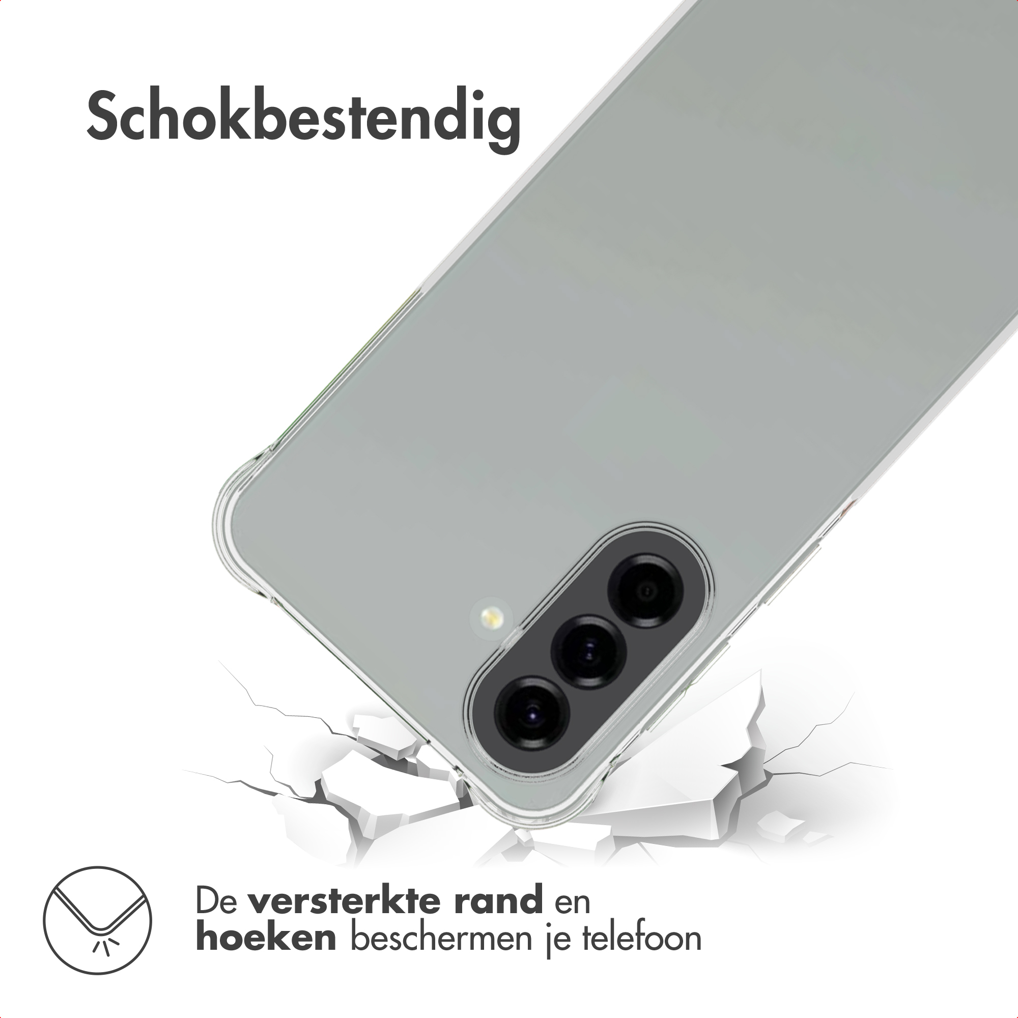 Een telefoonhoesje wordt getoond, met een telefoon erin. De hoes is schuin, met scheuren, en de tekst luidt 'schokbestendig'.