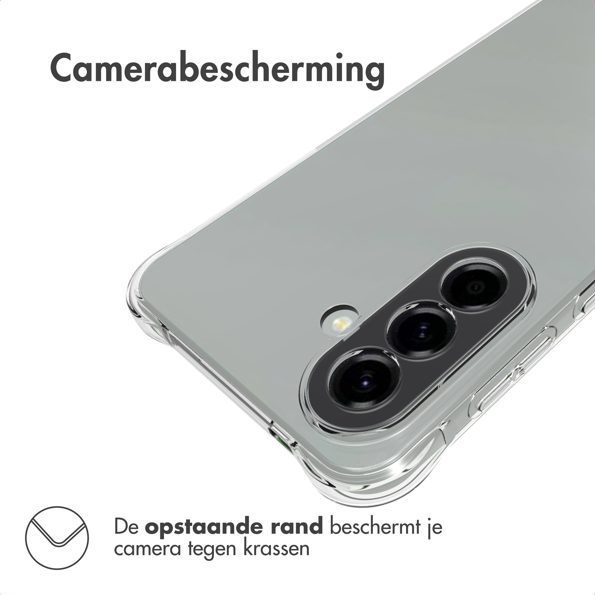 Transparante telefoonhoes. Tekst: Camerabescherming. Beschermende rand beschermt de camera tegen krassen.