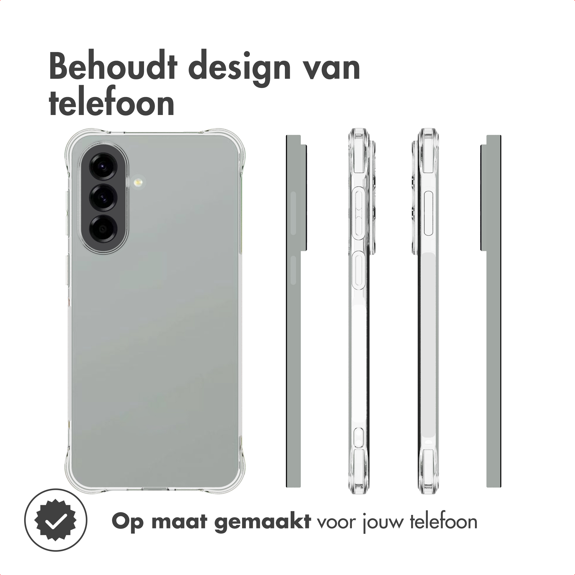 Afbeelding toont een telefoon in een transparante hoes. Verschillende weergaven, inclusief voor-, zij- en bovenaanzicht.