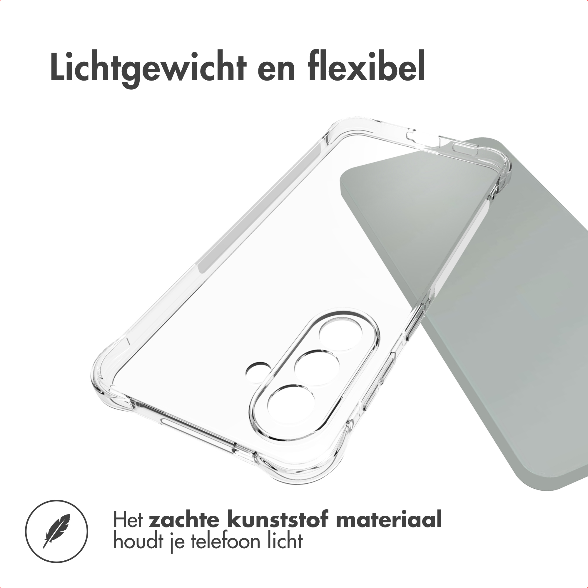 Transparante telefoonhoes op een grijs oppervlak, met tekst 'Lichtgewicht en flexibel'. Zacht materiaal houdt de telefoon licht.