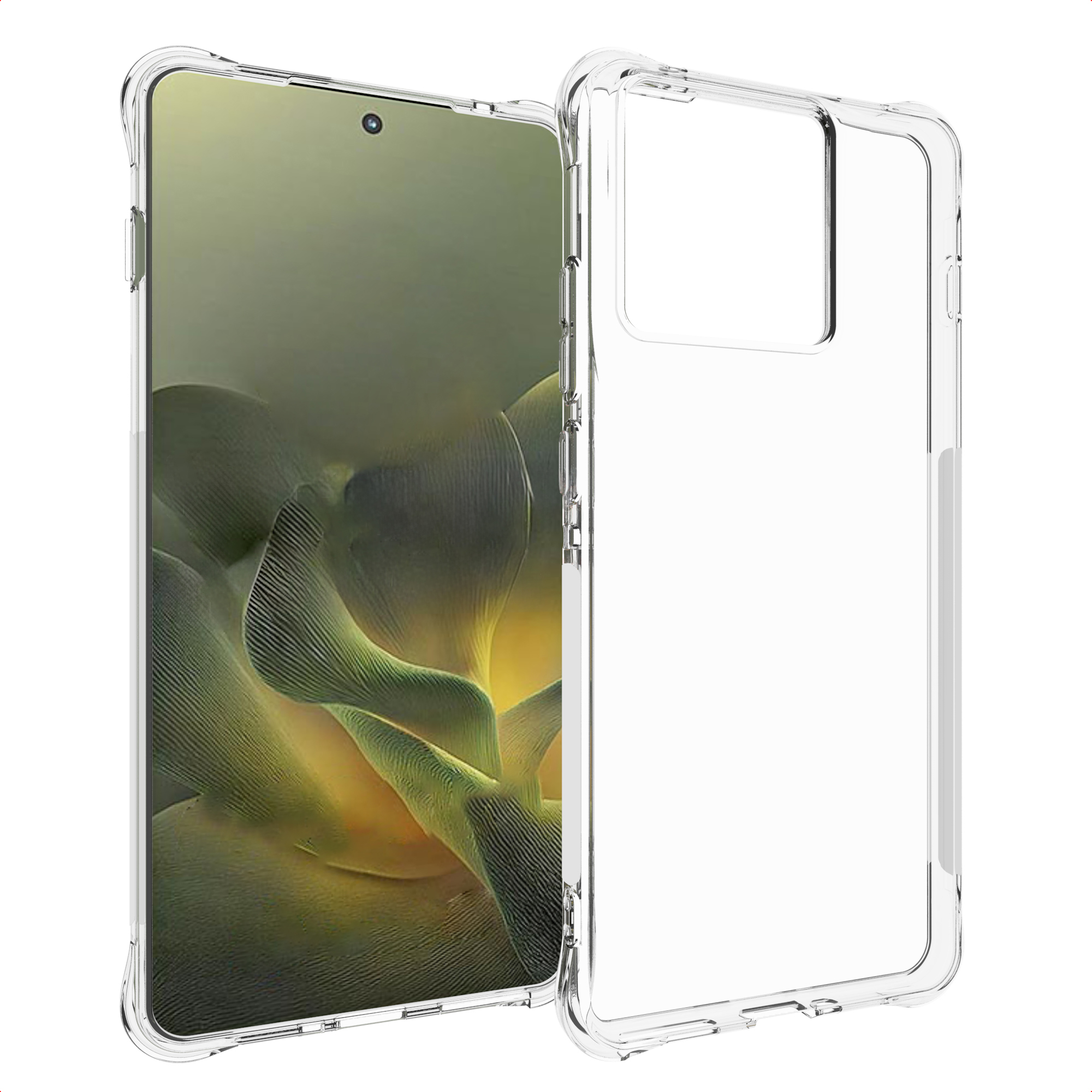 Un étui de téléphone transparent à côté d'un smartphone avec un fond abstrait vert et jaune.