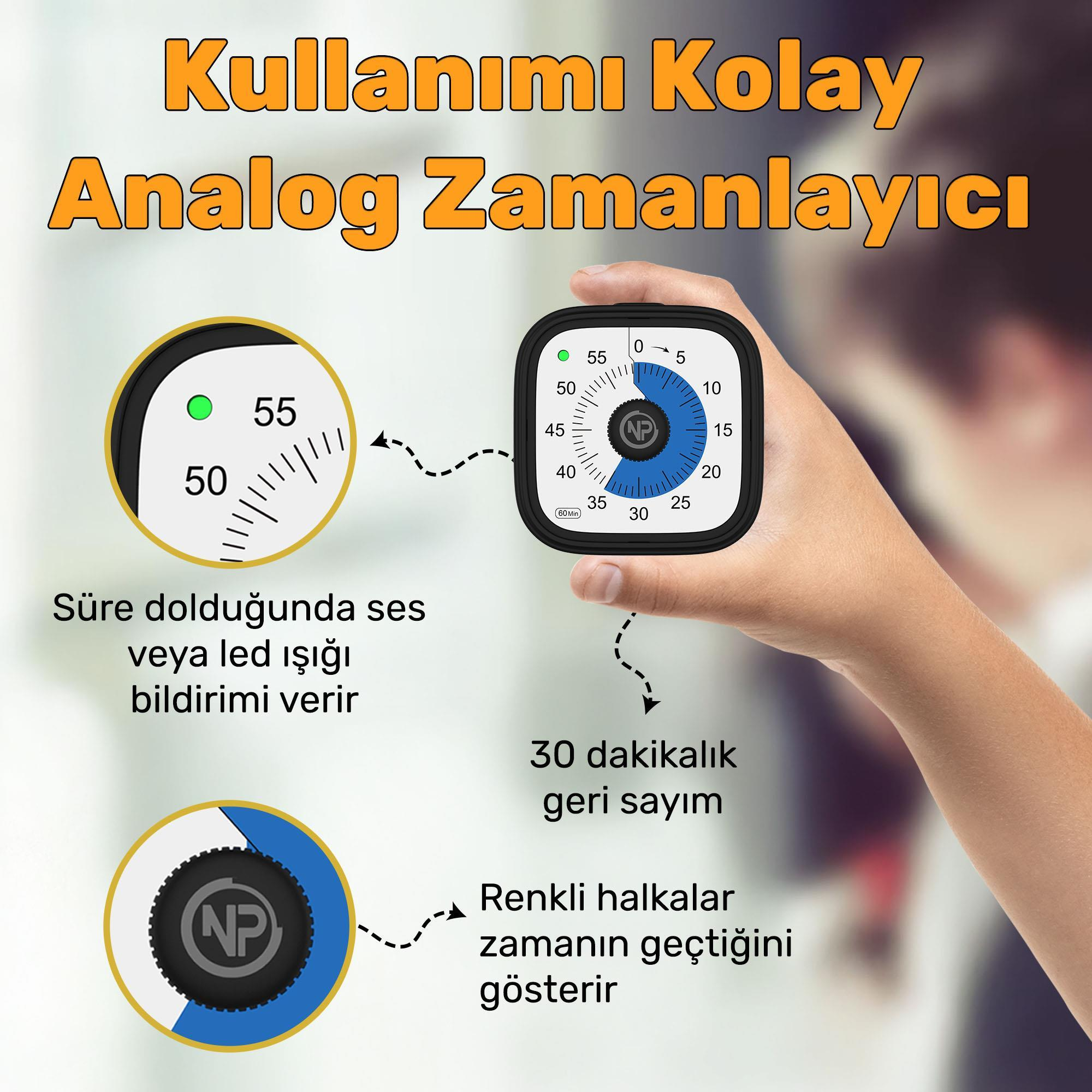 El, analog bir zamanlayıcı tutuyor. Türkçe metinler, geri sayım ve sesli uyarı gibi özellikleri açıklıyor. Renkli halkalar geçen zamanı gösteriyor.