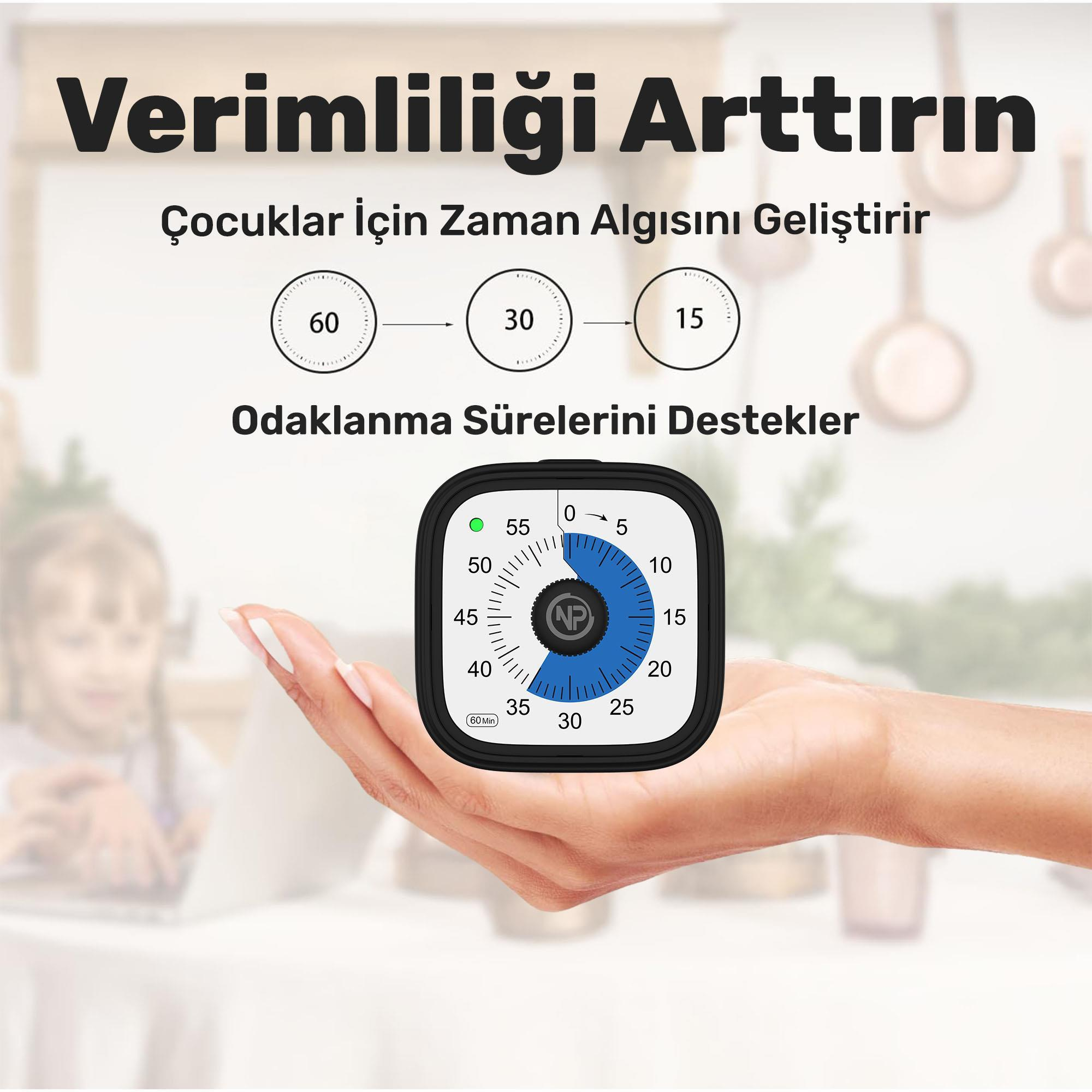 Bir el, mavi kadranlı siyah bir zamanlayıcı tutuyor. Üstte metin: 'Verimliliği Artırın'. Arka plan bulanık.
