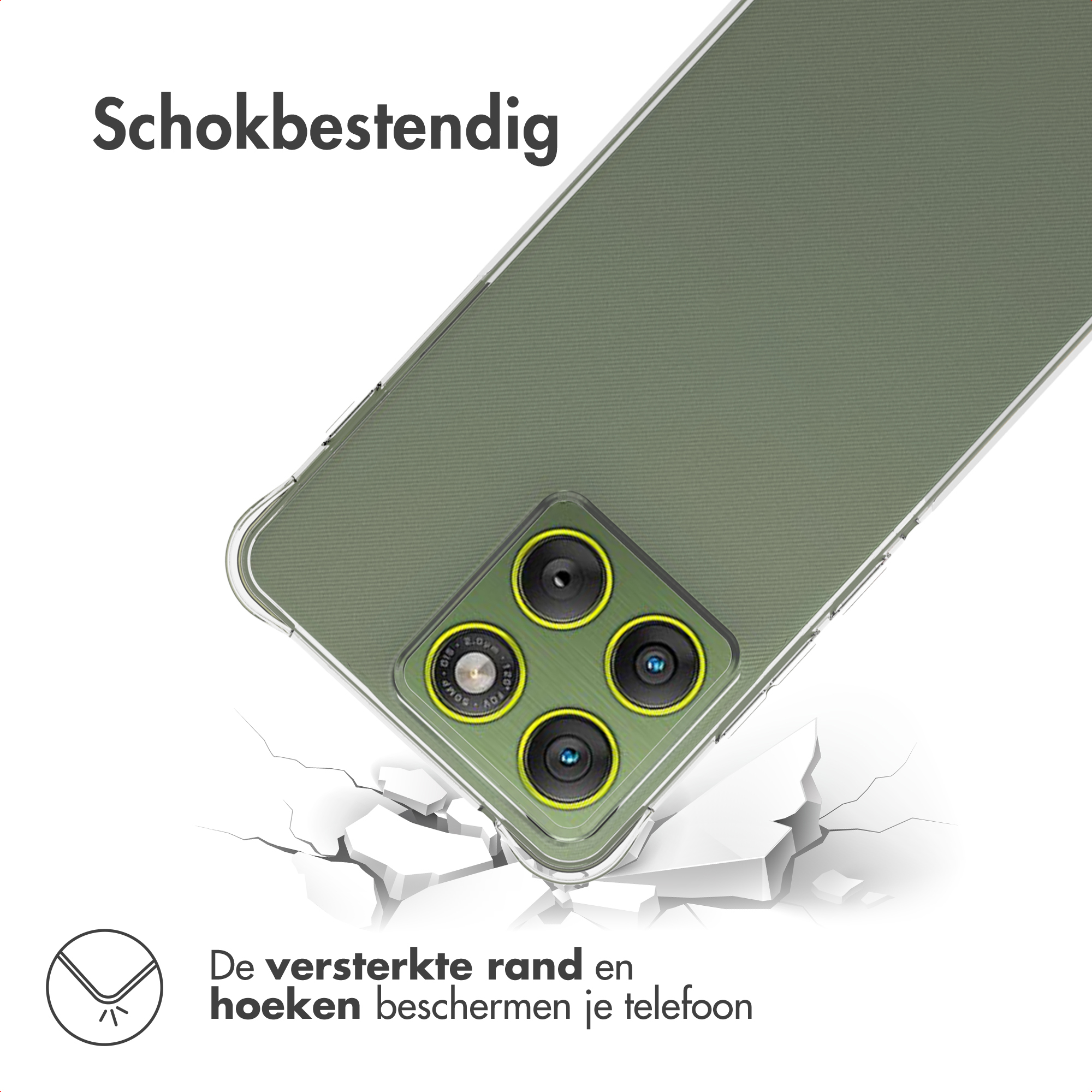 Coque de téléphone avec bords renforcés. Un téléphone est enfermé, avec une surface cassée en dessous, texte au-dessus et en dessous.