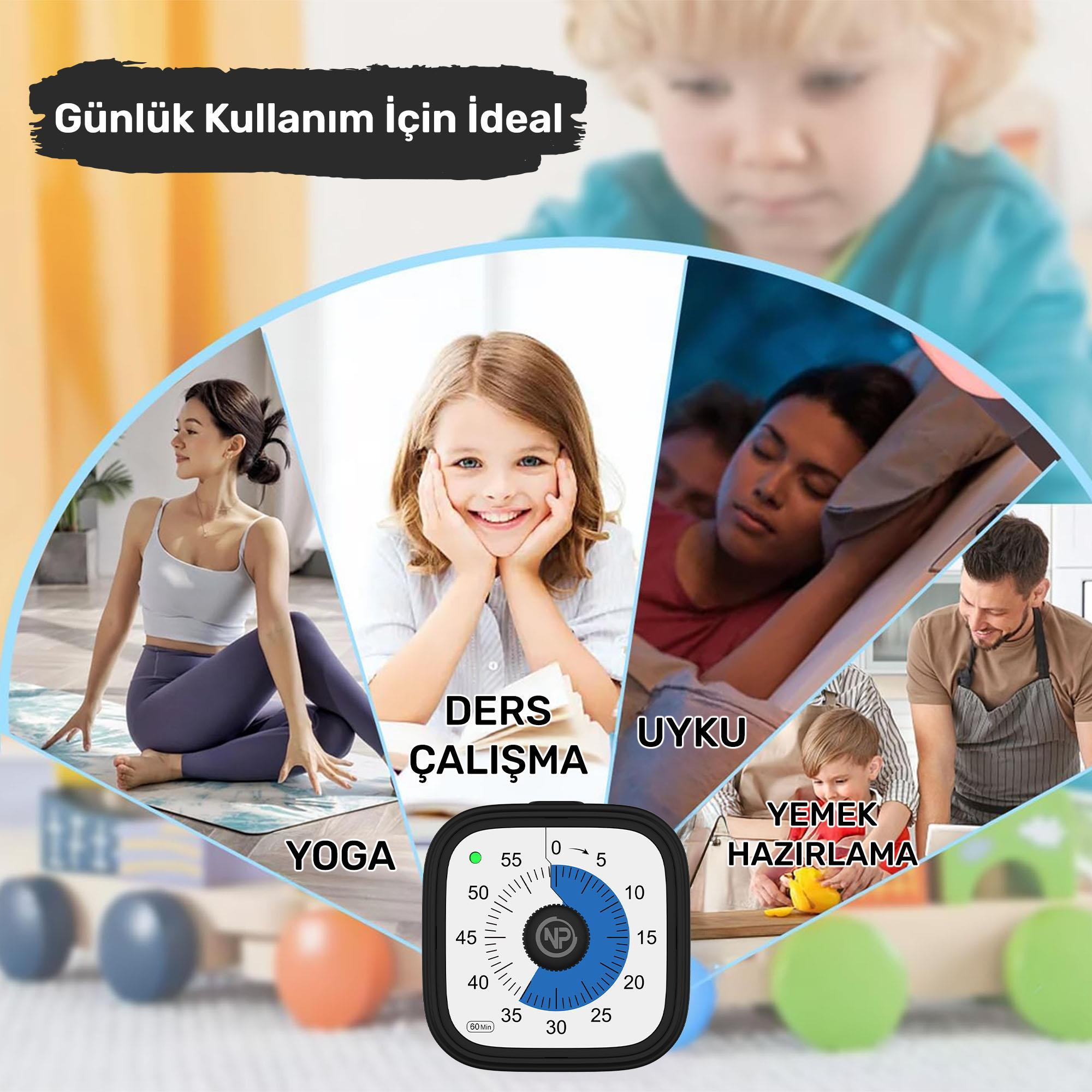 Görsel, yoga, ders çalışma, uyuma ve yemek pişirme sahneleri içeren bir zamanlayıcıyı gösteriyor. Arka planda bulanık bir çocuk var.
