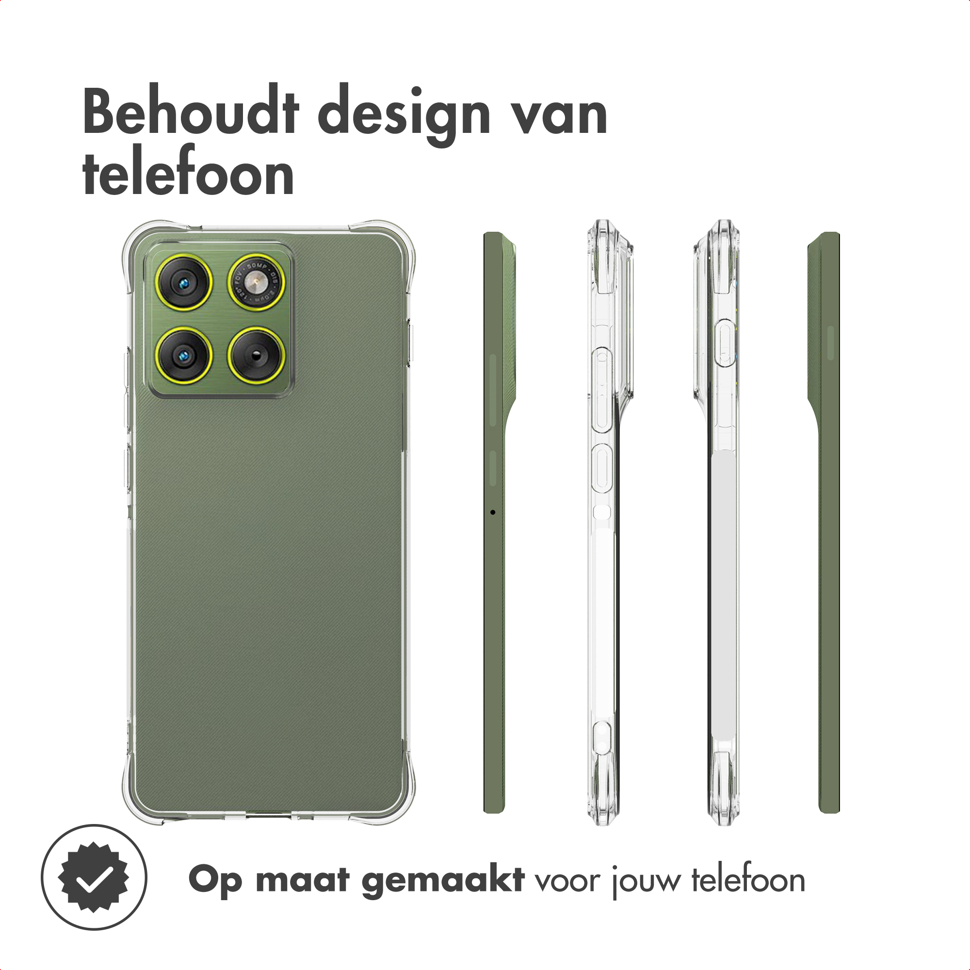 Coque de téléphone, verte et transparente, différentes vues. Texte : 'Maintient le design du téléphone' et 'Fabriqué sur mesure pour votre téléphone'.