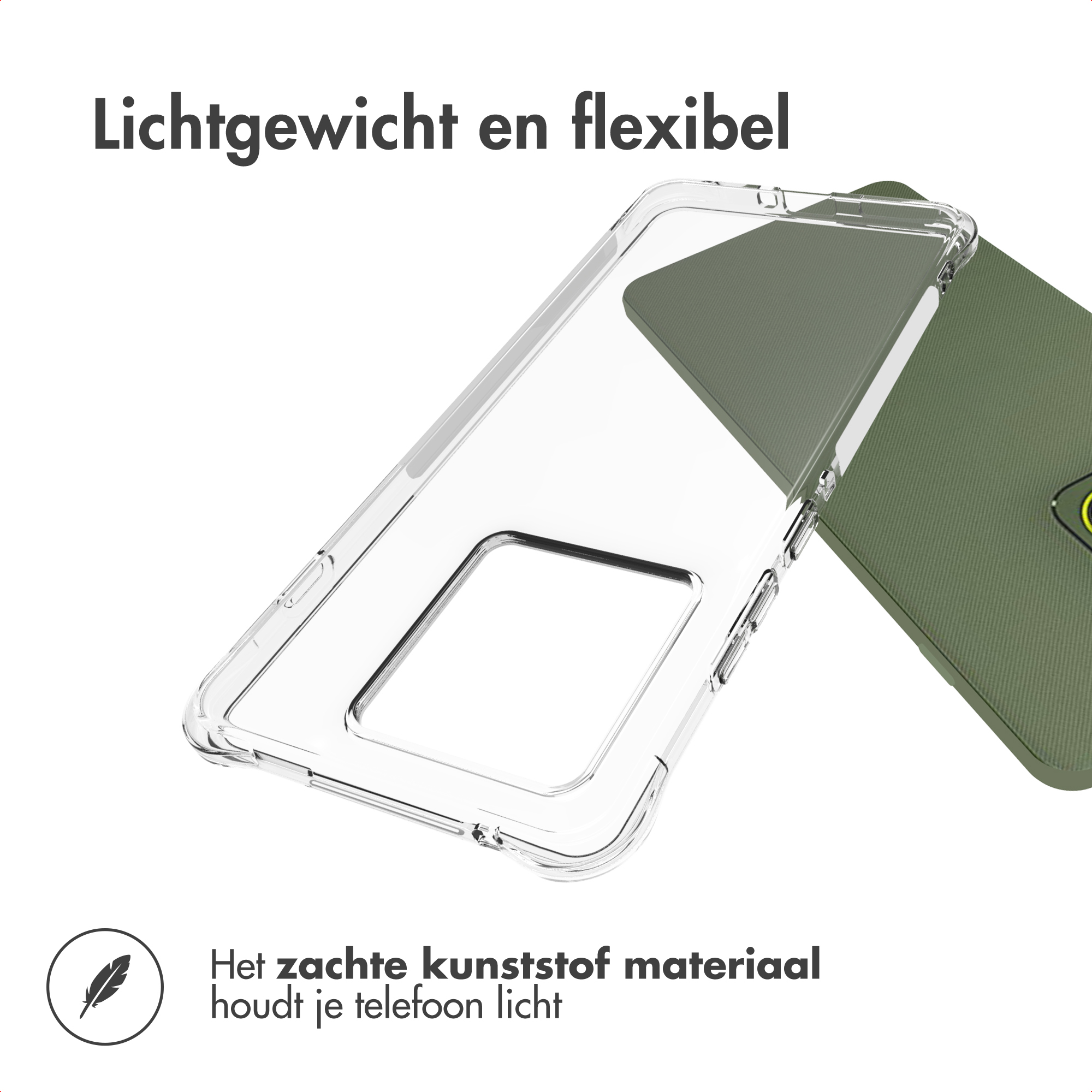 Une coque de téléphone transparente est affichée, avec une coque verte partiellement visible. Texte : léger et flexible.
