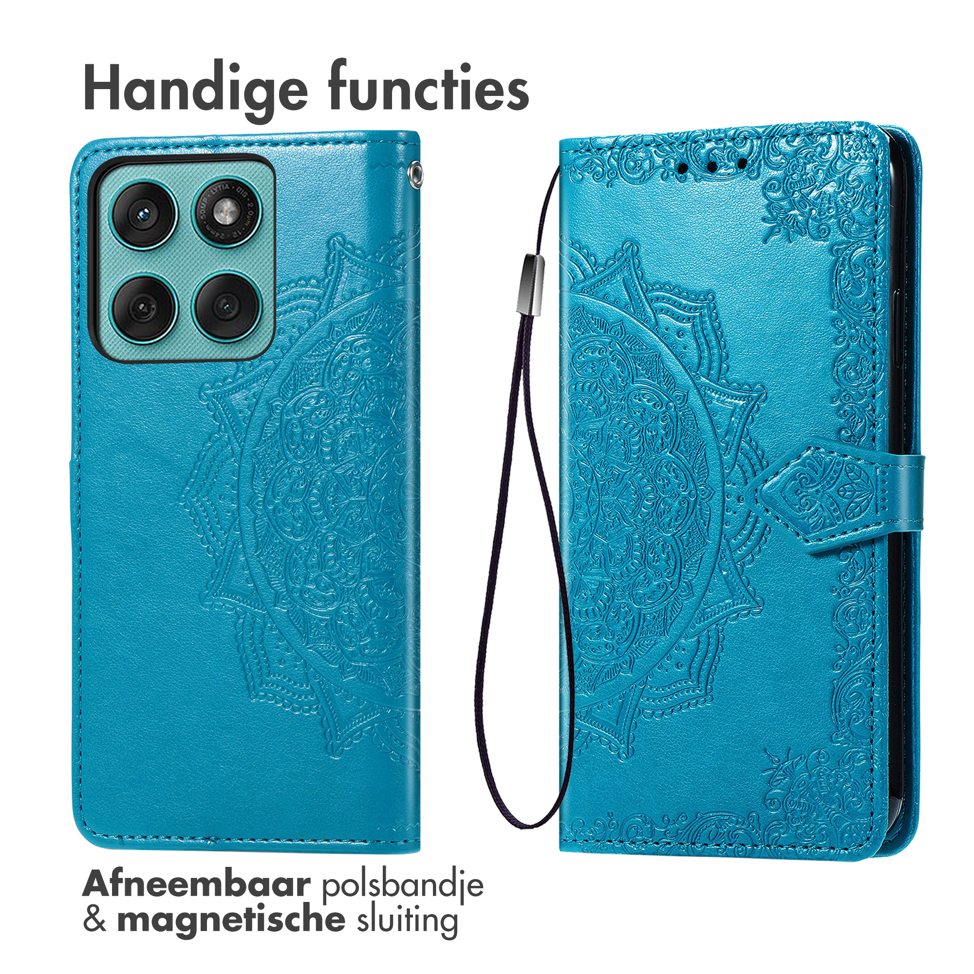 Custodia blu per telefono con design a mandala. Caratteristiche: cinturino da polso e chiusura magnetica. Testo: Funzioni utili e cinturino da polso rimovibile.