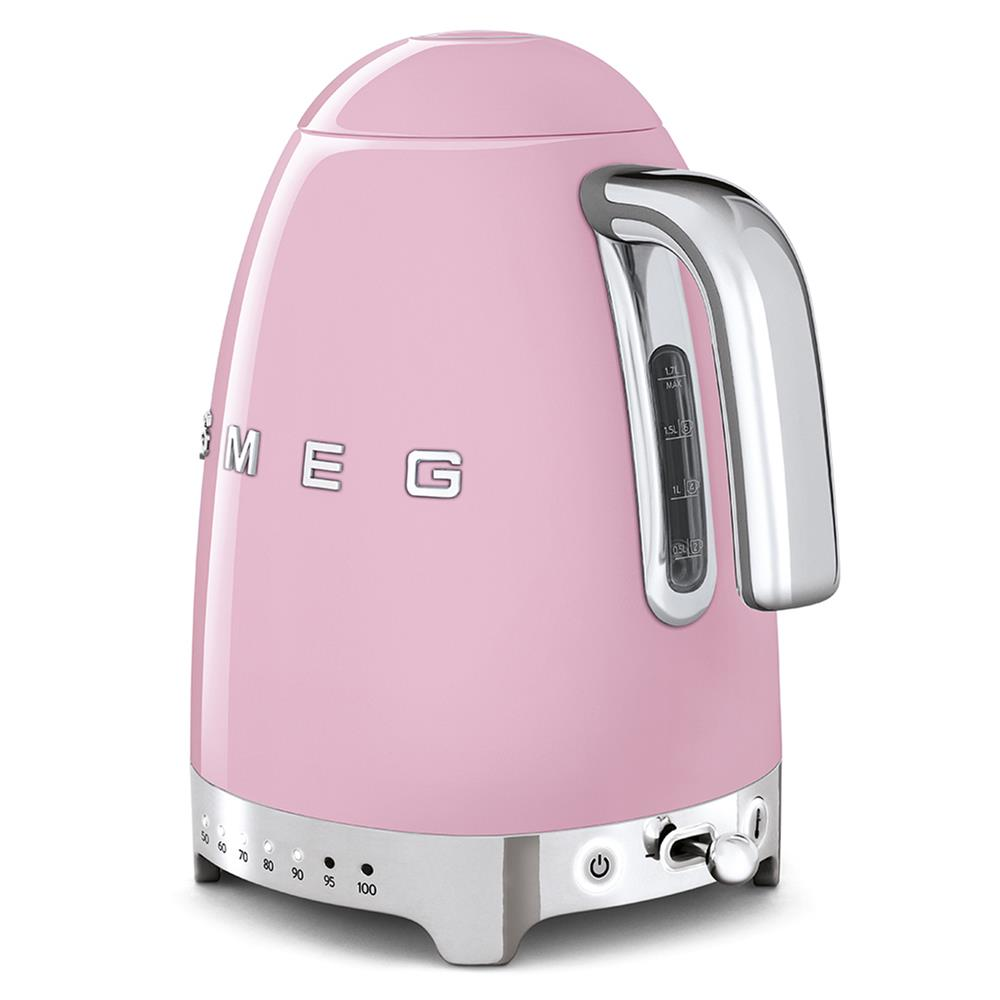 Pembe Smeg su ısıtıcısı. Krom sap, taban ve aksanlar. 50'den 100'e sıcaklık kadranı. Yan tarafta su seviyesi göstergesi.