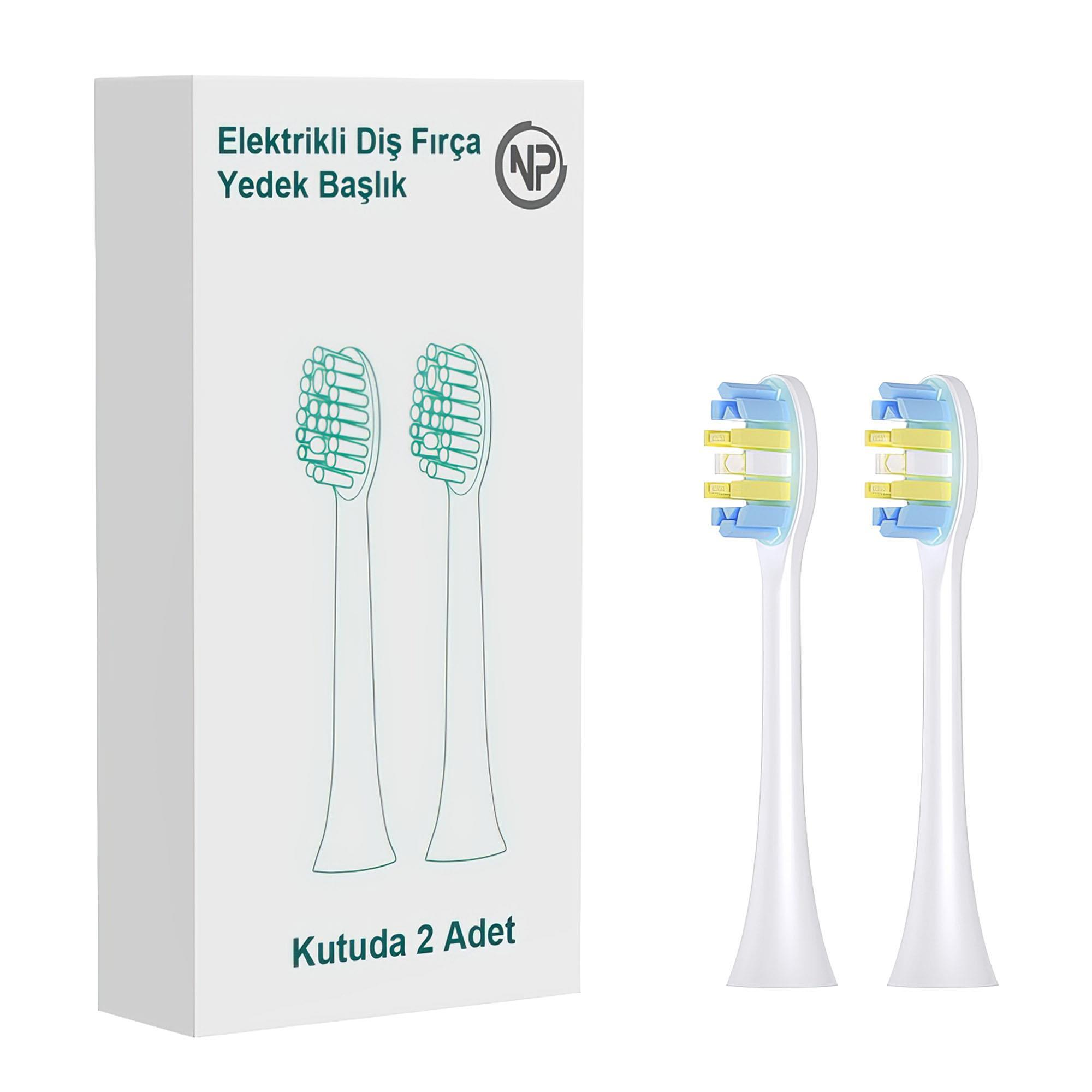 Görselde elektrikli diş fırçası başlığı yedek kutusu ve iki yedek başlık görülüyor. Başlıklar, mavi ve sarı detaylarla beyaz renktedir.