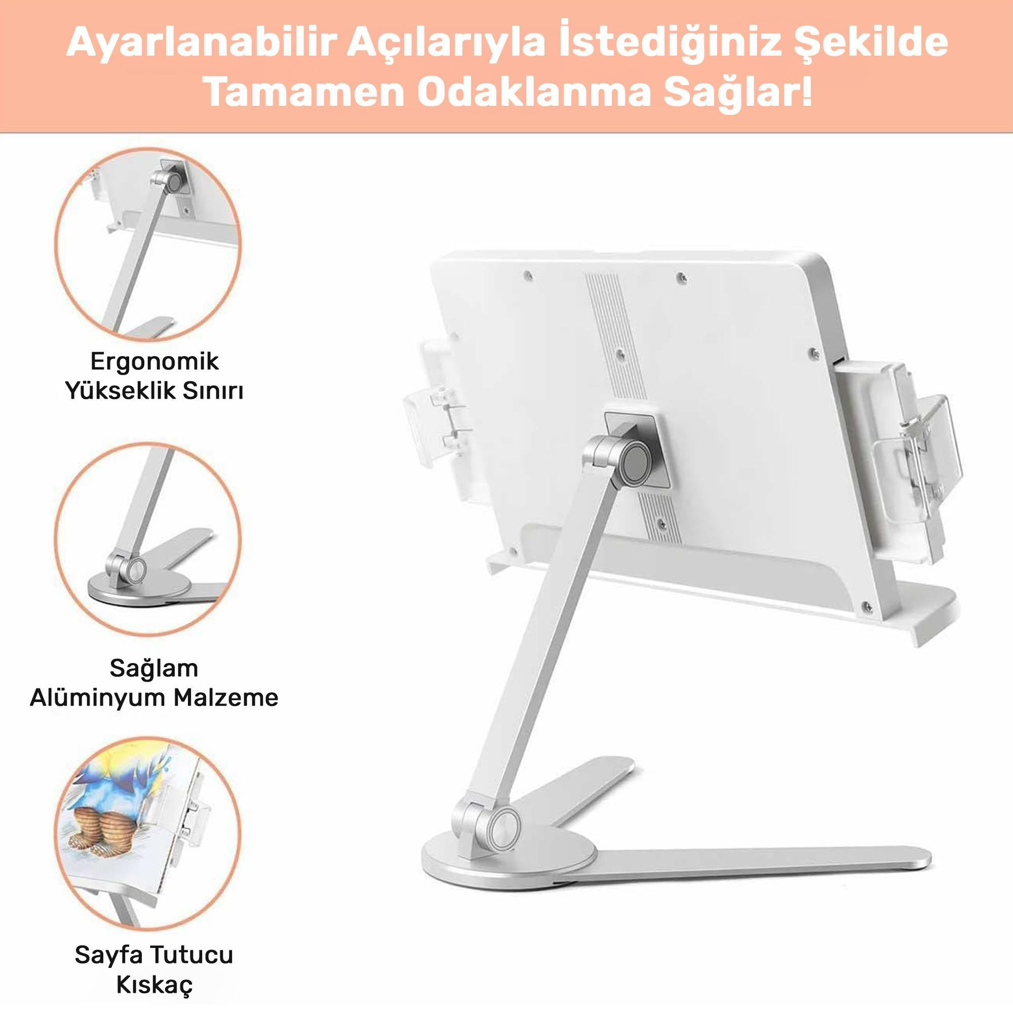 Ayarlanabilir açılara sahip beyaz bir tablet standı. Bir tabanı, bir destek kolu ve bir kelepçesi vardır. Üç ek yakınlaştırılmış görüntü var.