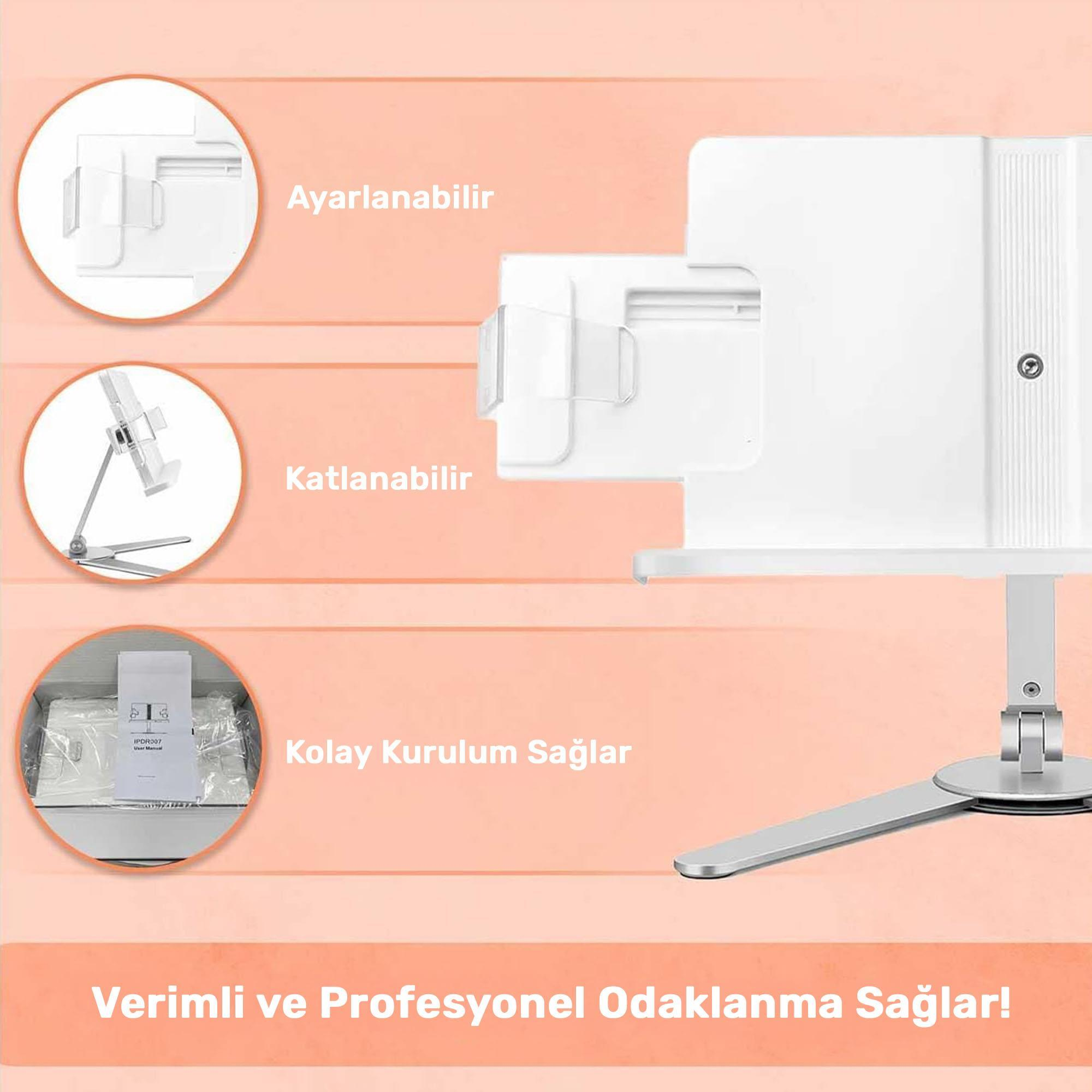 Beyaz ayarlanabilir stand. Metin: Ayarlanabilir, katlanabilir, kolay kurulum ve profesyonel odaklanma. Pembe ve beyaz arka plan.