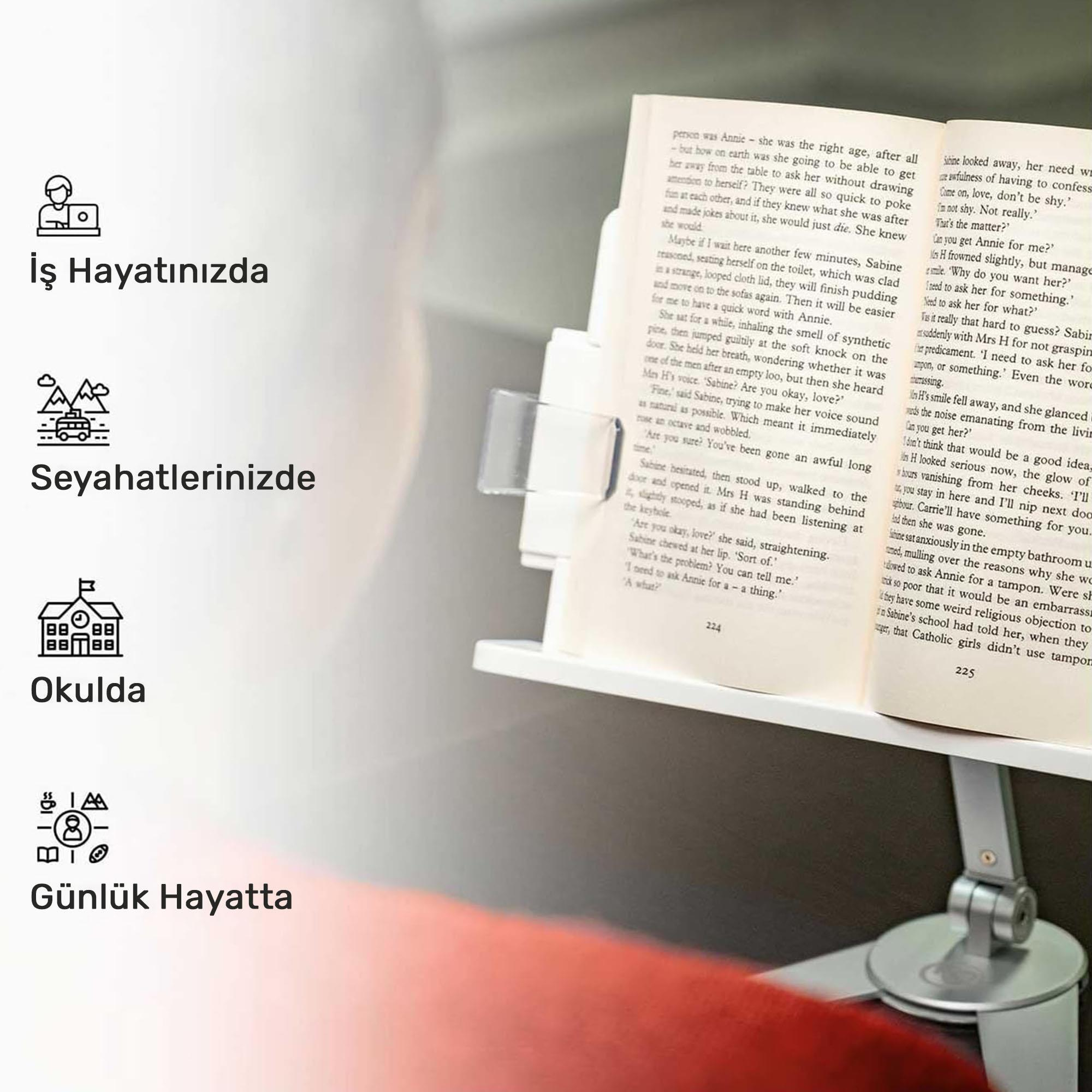 Beyaz bir stand üzerinde metin ve sayfa numaraları görünen bir kitap. Günlük yaşam ikonları solda.