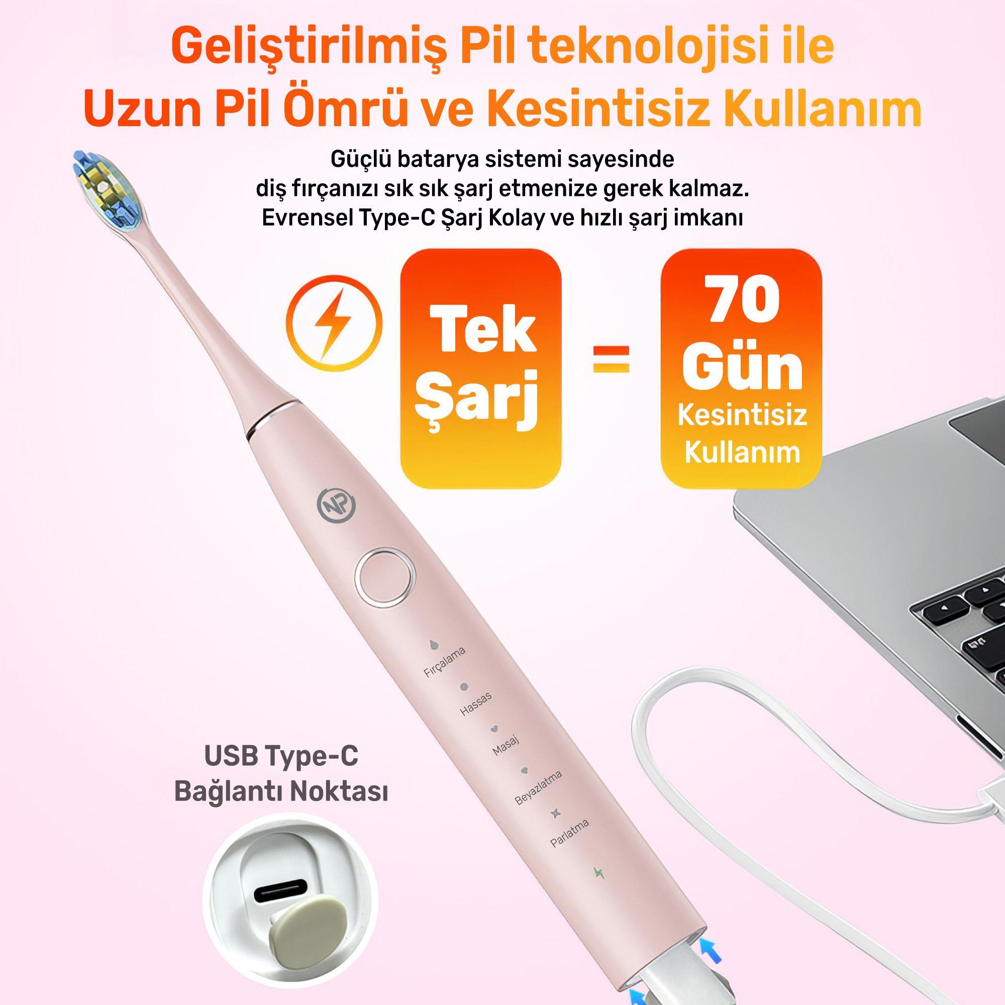 Pembe elektrikli diş fırçası, uzun pil ömrü ve USB Type-C şarjı hakkında metin ve bir dizüstü bilgisayara bağlı.