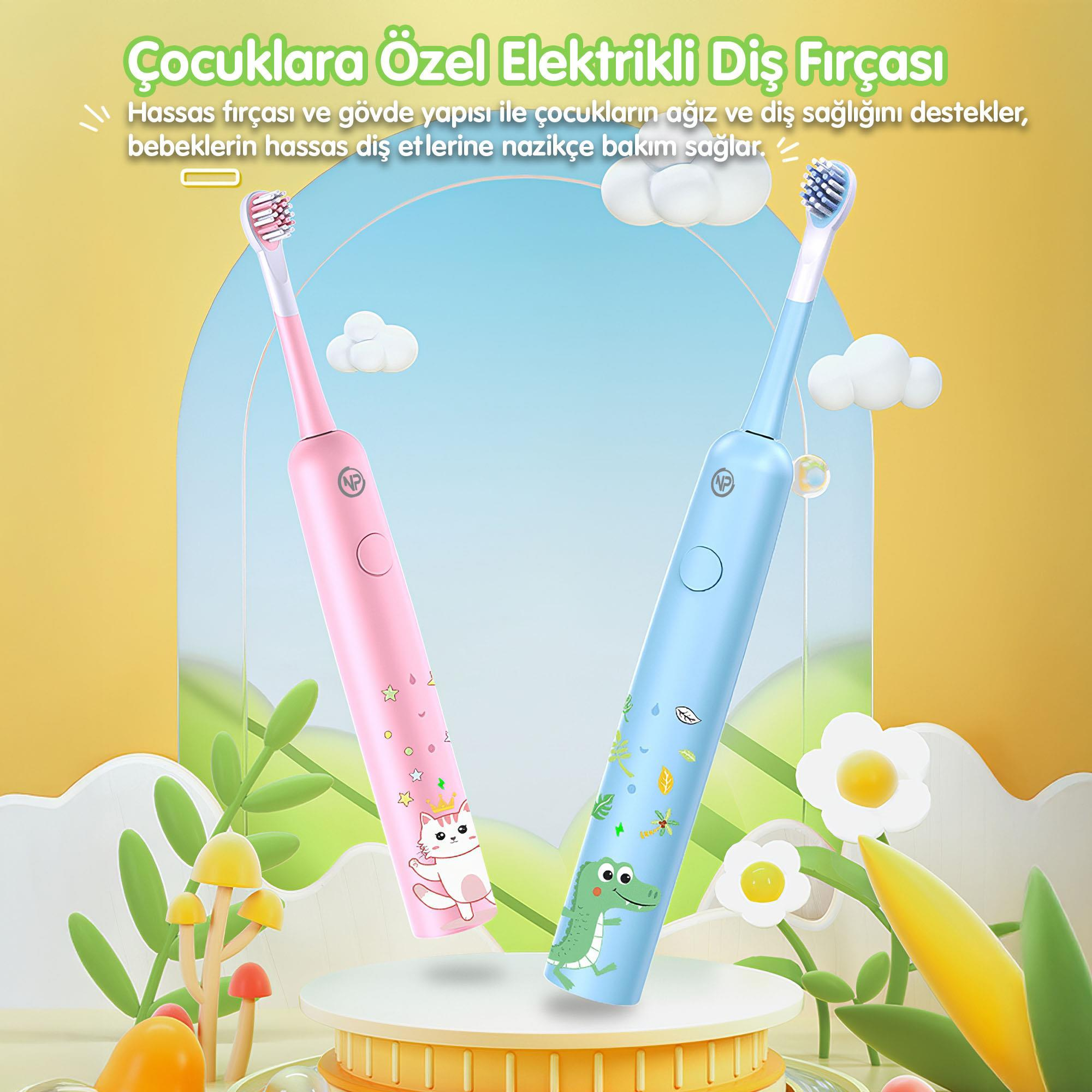 Çizgi film tasarımlı pembe ve mavi iki elektrikli diş fırçası. Arka plan, bitkiler ve bulutlarla dolu ilginç bir sahne gösteriyor.