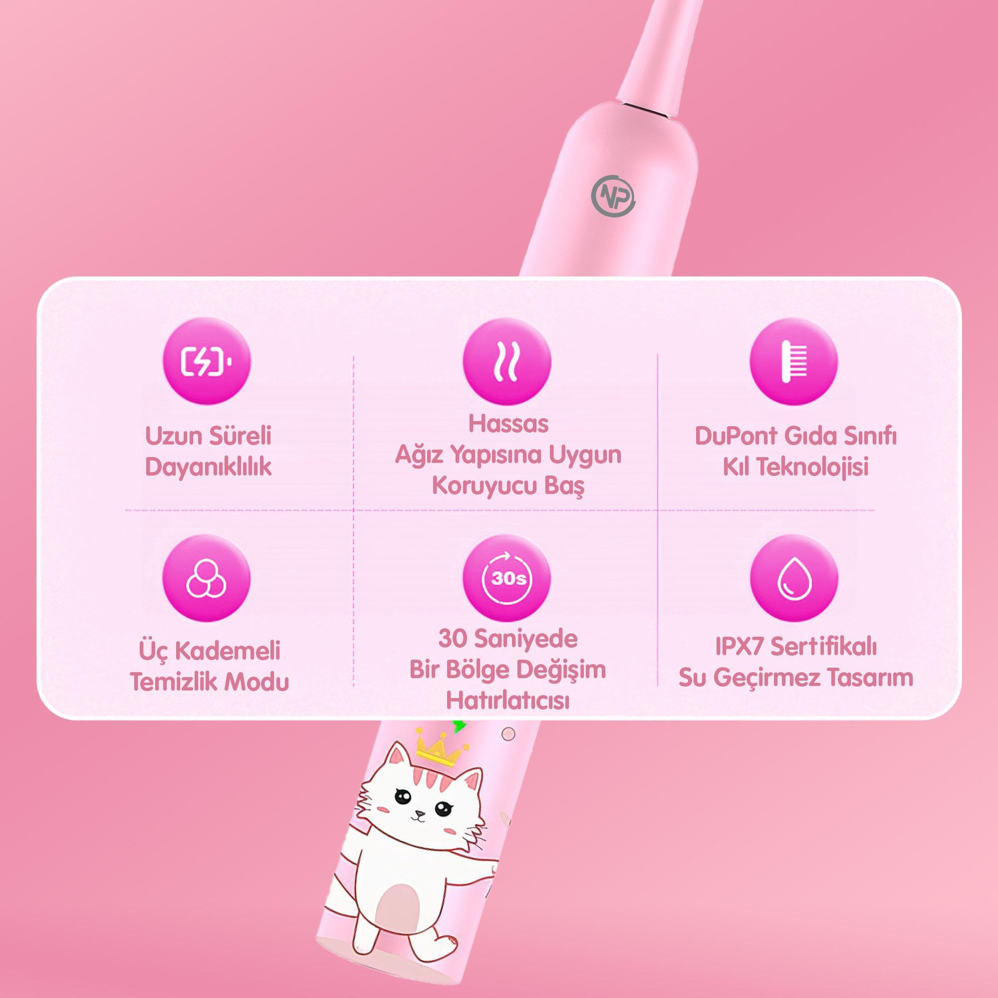 Kedi tasarımlı pembe bir diş fırçası. Özellikleri: uzun ömürlü, nazik ve su geçirmez tasarım, çeşitli temizleme modları.