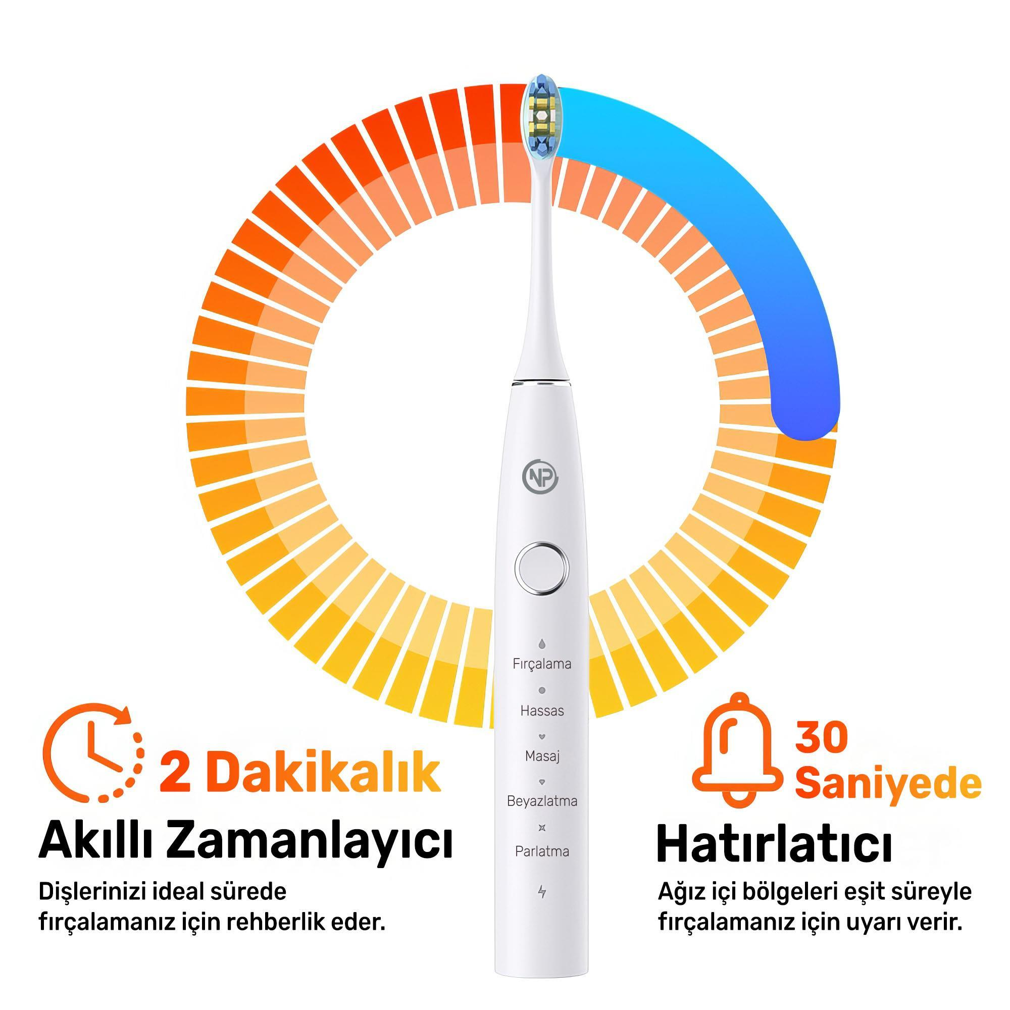 Mavi ve sarı fırça kafasına sahip beyaz bir elektrikli diş fırçası. Zamanlayıcı ve hatırlatıcı özelliklere sahiptir.