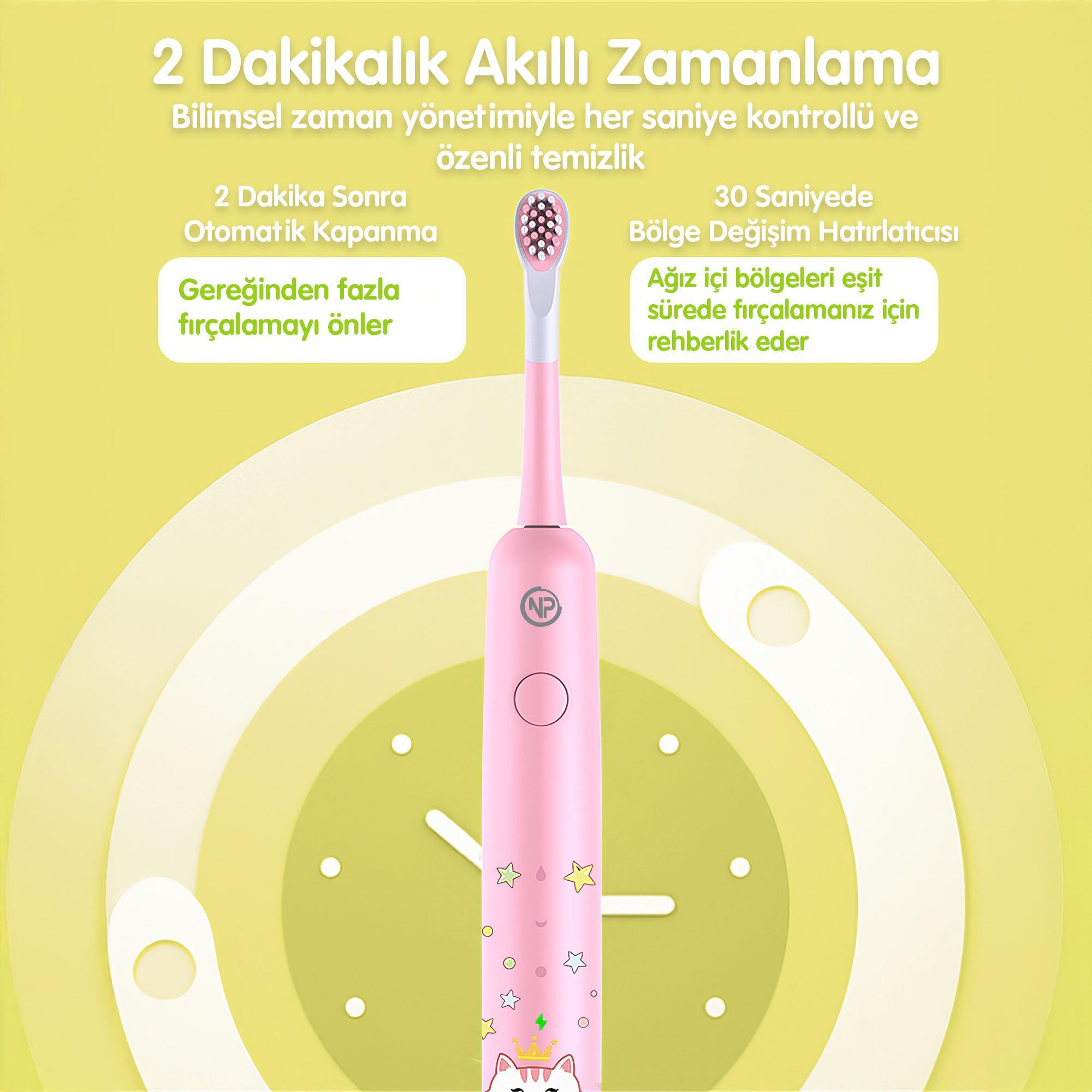 Beyaz kafalı pembe elektrikli diş fırçası, metinli sarı arka plan üzerinde.
