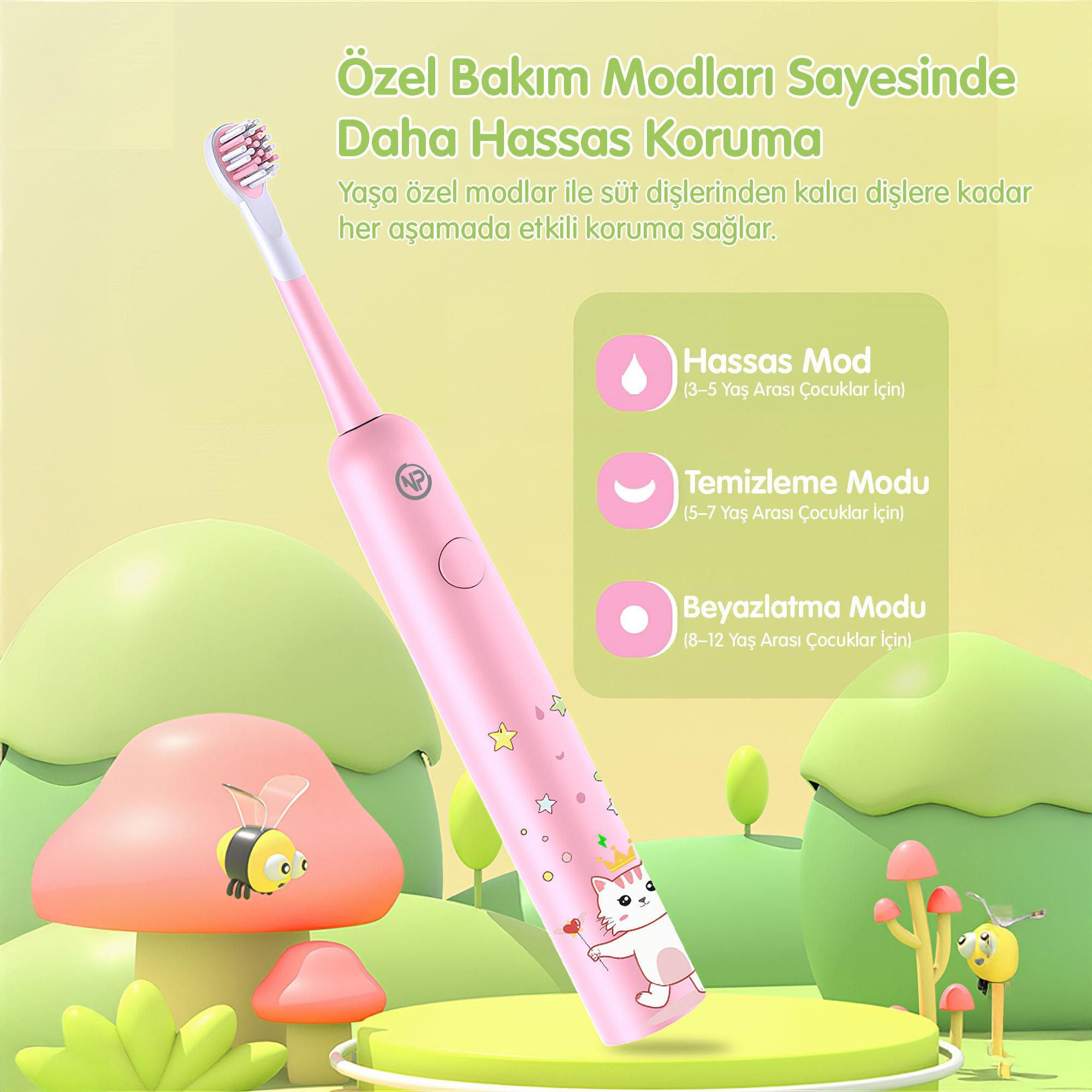 Çizgi film tasarımlı pembe elektrikli diş fırçası. Arka planda çizgi film mantarları ve metin var.
