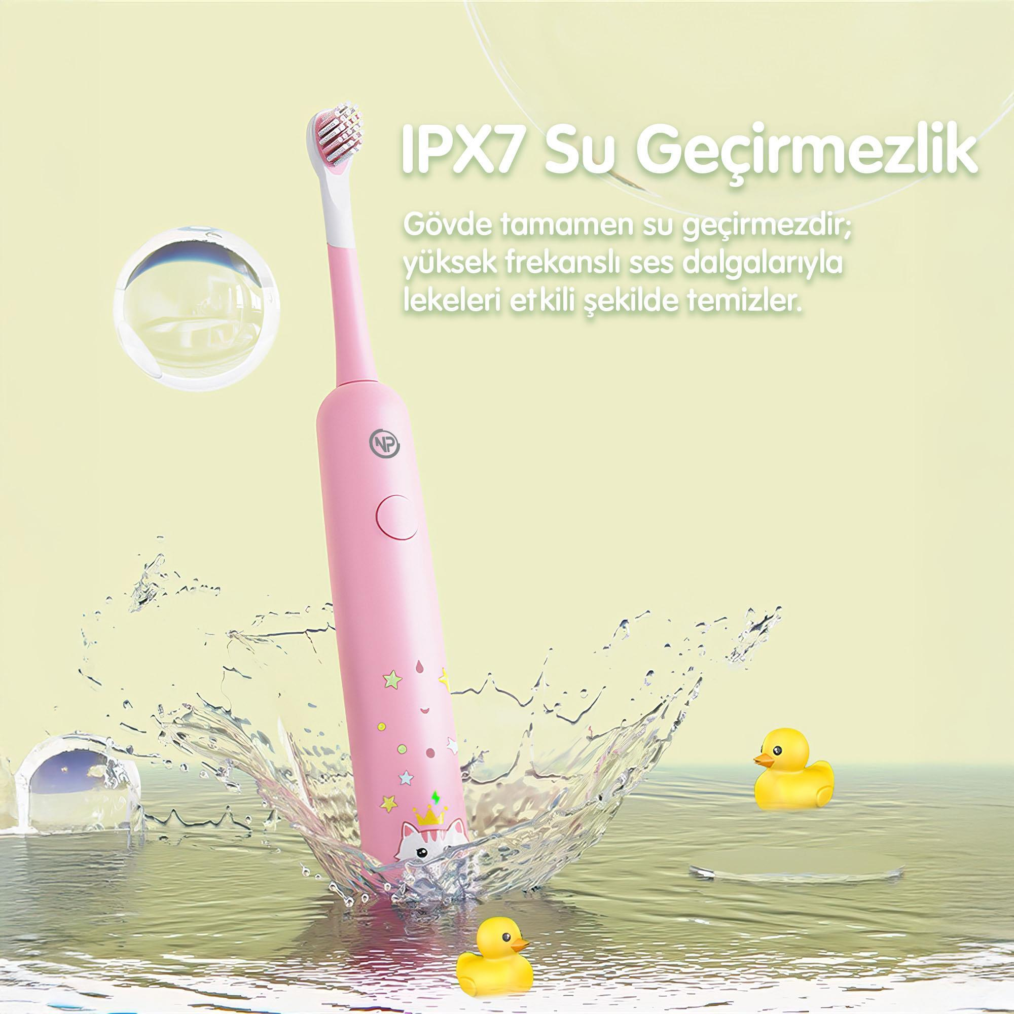 Kedi tasarımlı pembe elektrikli diş fırçası su sıçramalarıyla çevrilidir. Suda iki sarı lastik ördek.