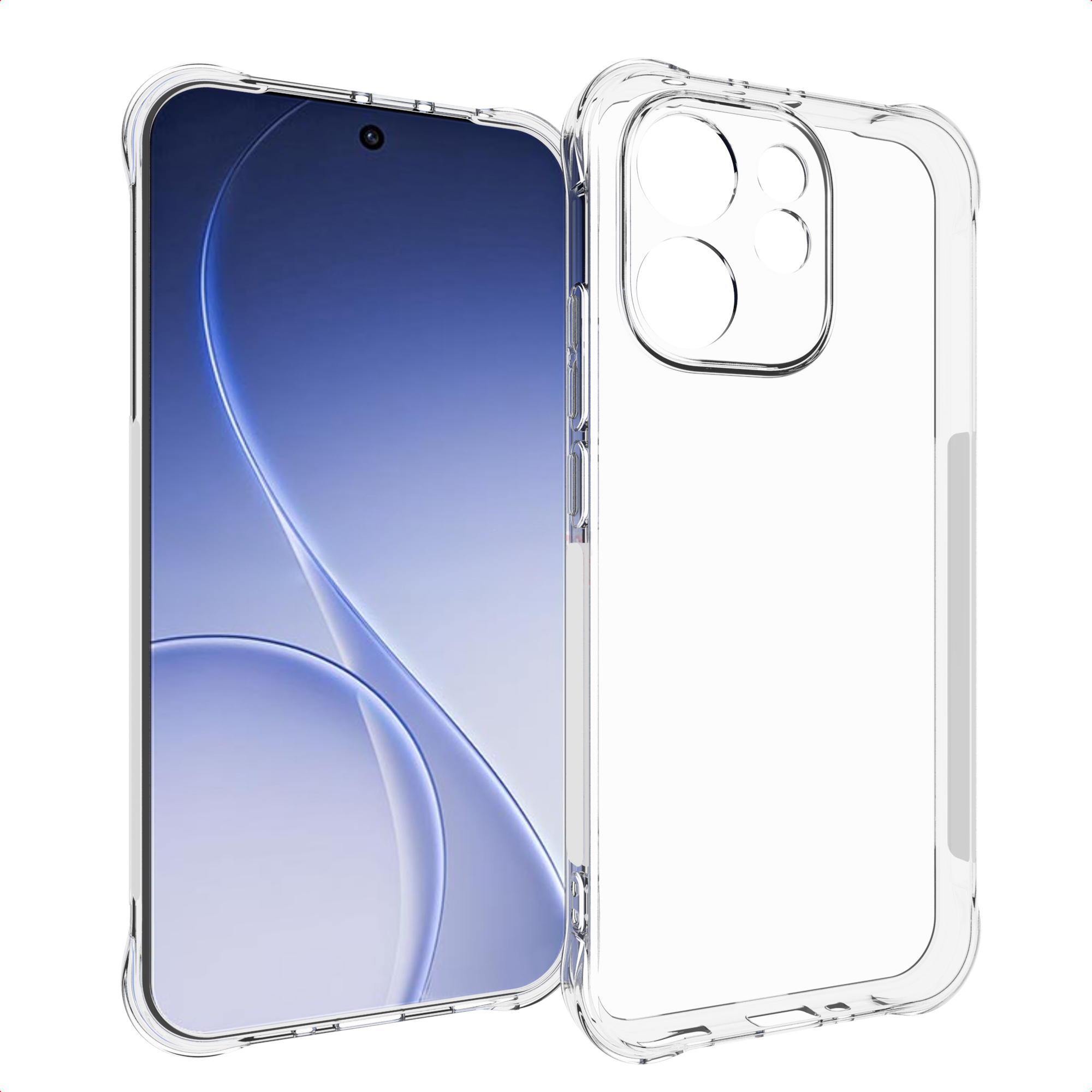 Transparante telefoonhoes naast een telefoon. De telefoon heeft een blauw verlopend scherm. De hoes is transparant.