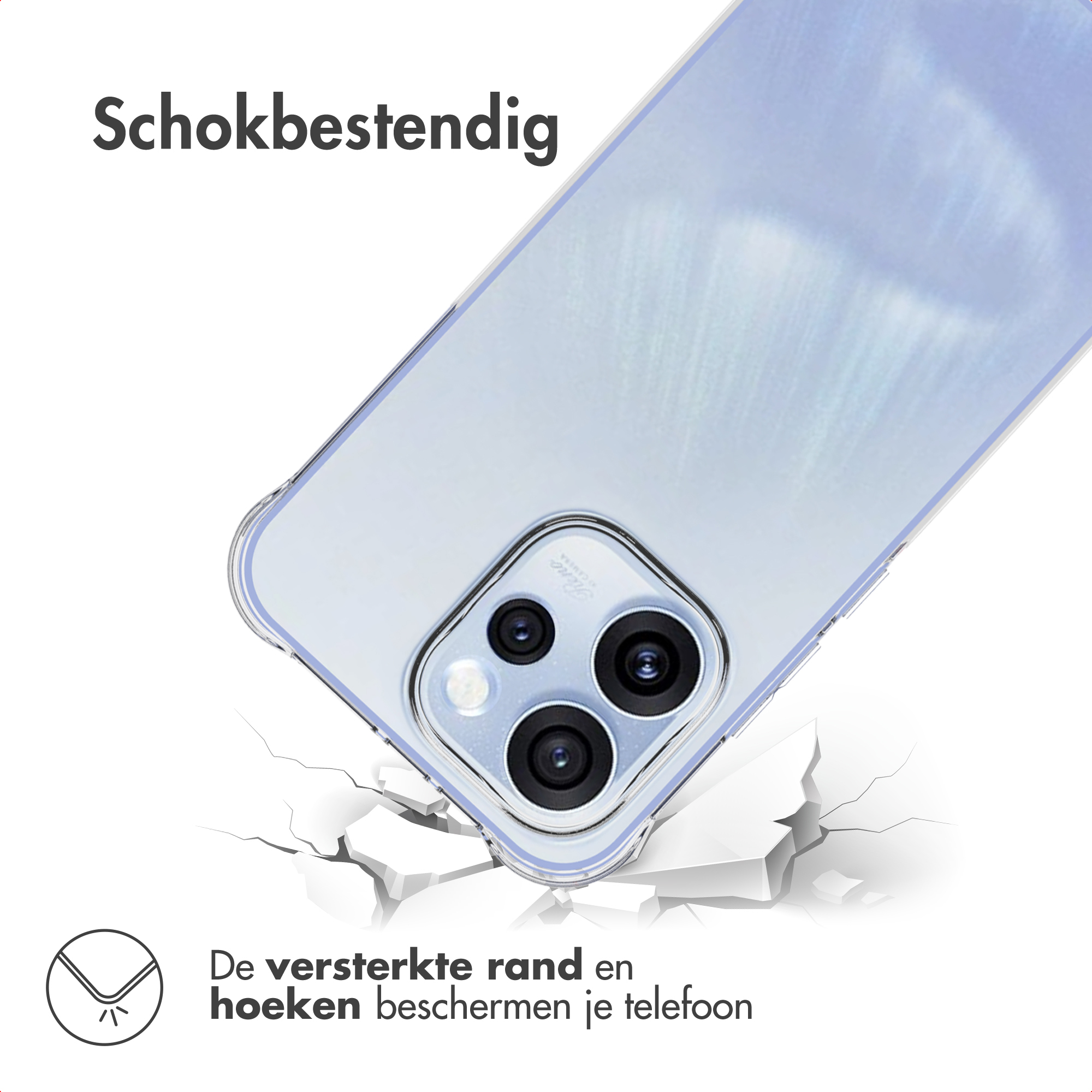 Transparante telefoonhoes, schuin alsof gevallen, toont camera. Tekst: 'schokbestendig' en 'versterkte randen beschermen'.