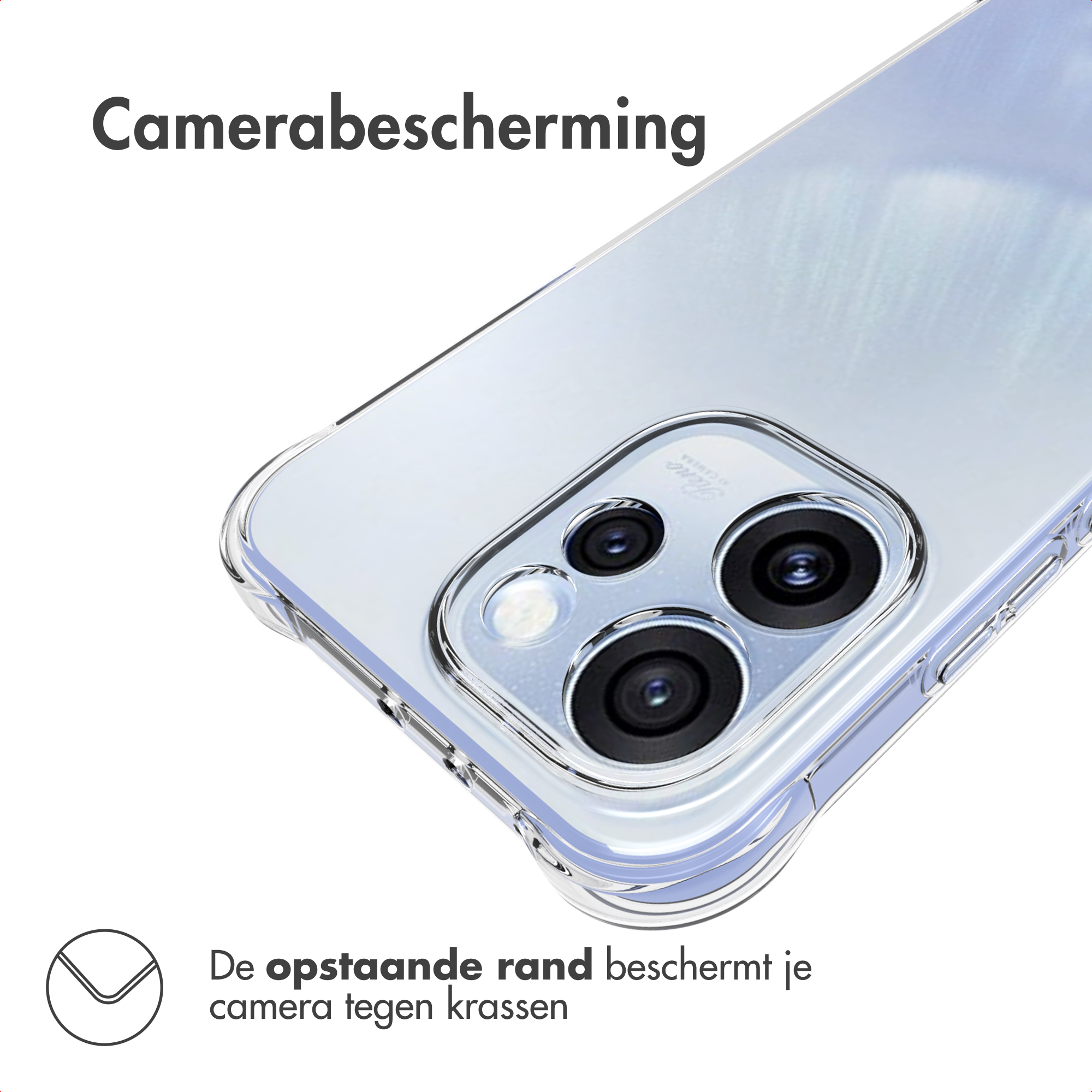 Transparante telefoonhoes. De opstaande rand beschermt de camera tegen krassen.