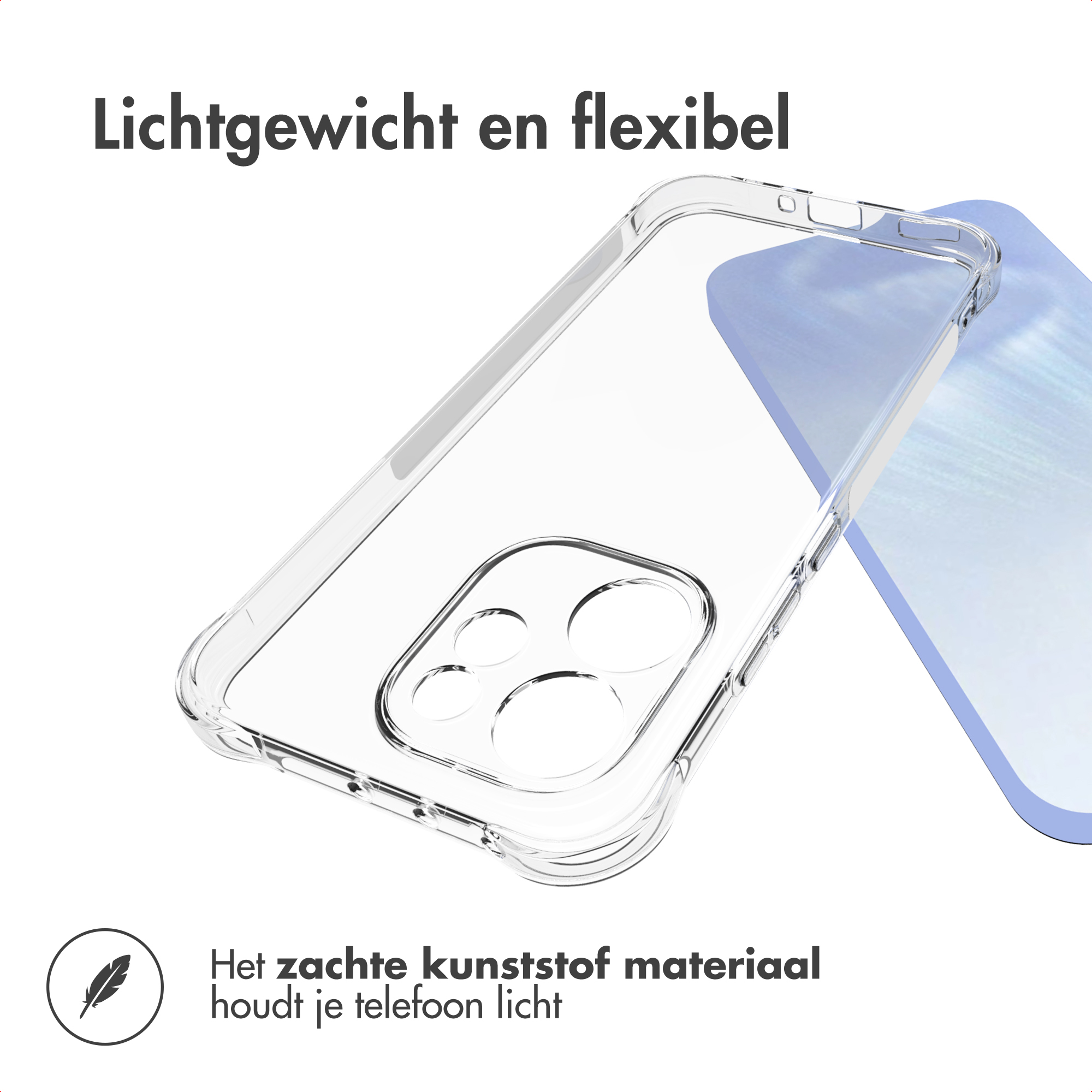 Transparante telefoonhoes op lichtblauwe achtergrond. Tekst: Lichtgewicht en flexibel.
