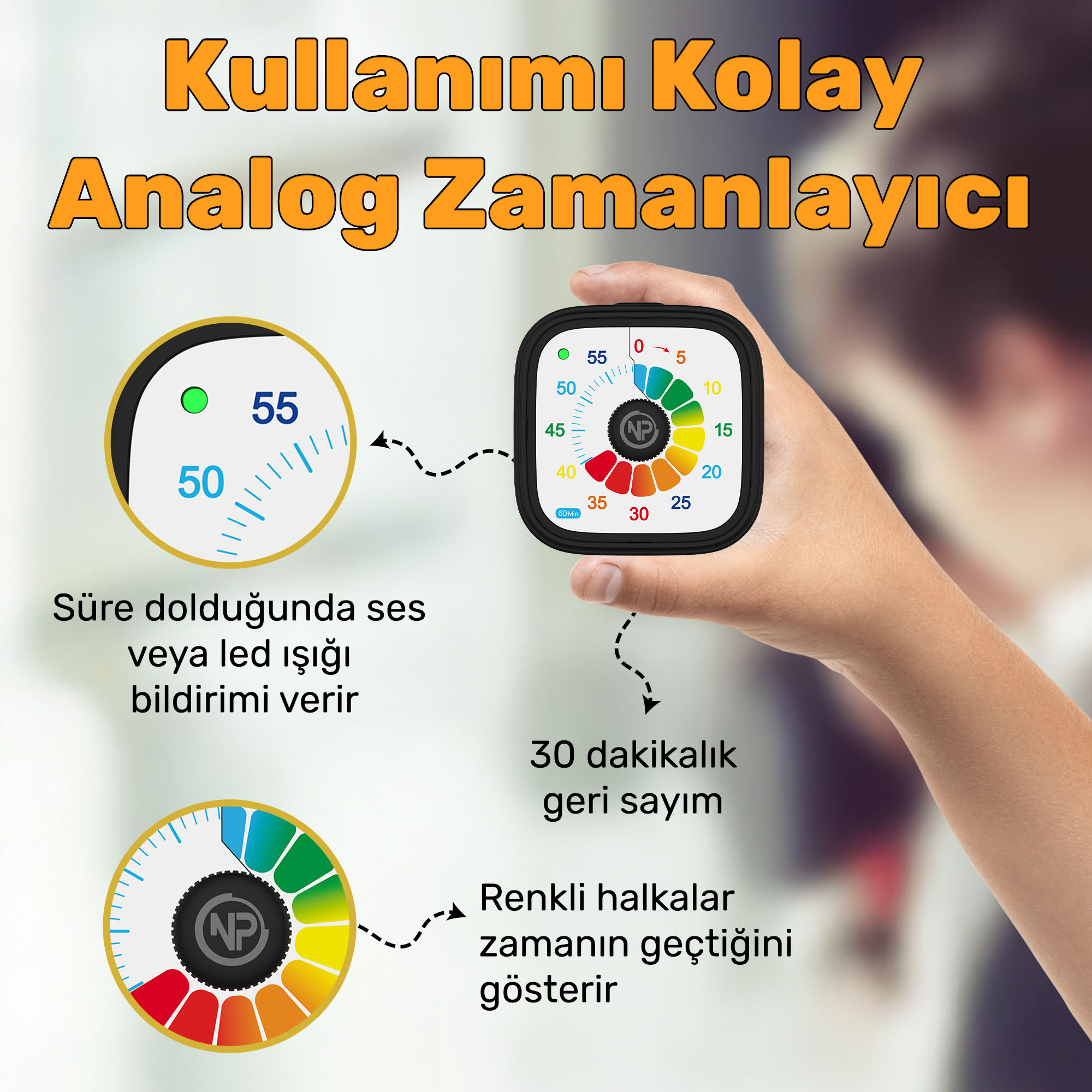 El, zamanı gösteren renkli bir kadranlı zamanlayıcı tutuyor. Metin: 'Kullanımı kolay Analog Zamanlayıcı'.
