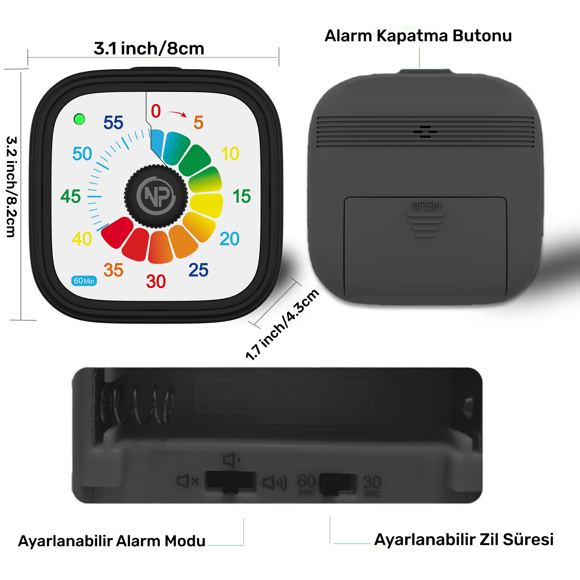 NPO NPT31R Mutfak Ders Yemek için 60dk Analog Alarm Zamanlayıcı Pomodoro Öğrenci Motivasyon Saati