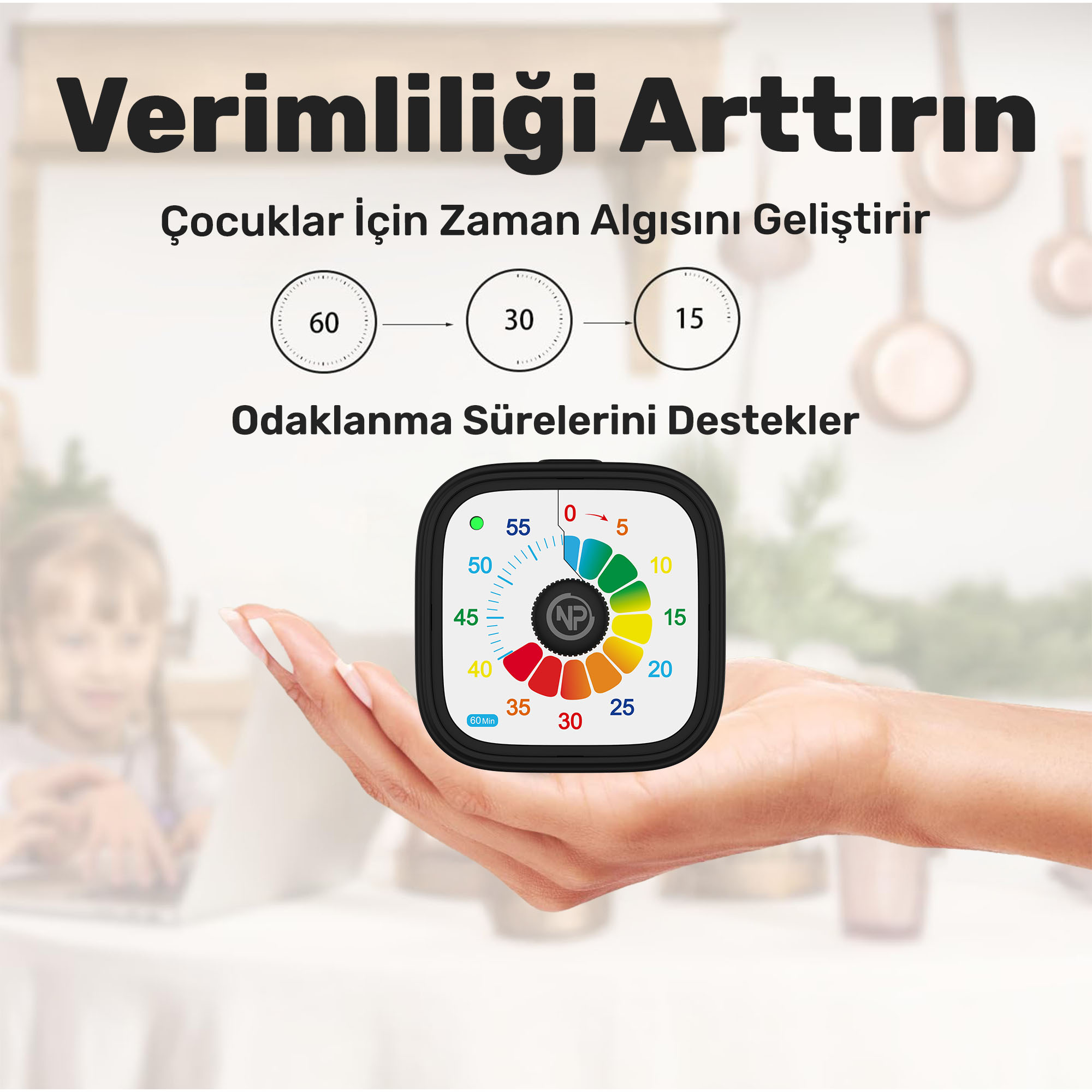Bir el bir zamanlayıcı tutuyor. Zamanlayıcı, gökkuşağı renklerinde bir kadranına sahip. Türkçe metin: Verimliliği artırın.