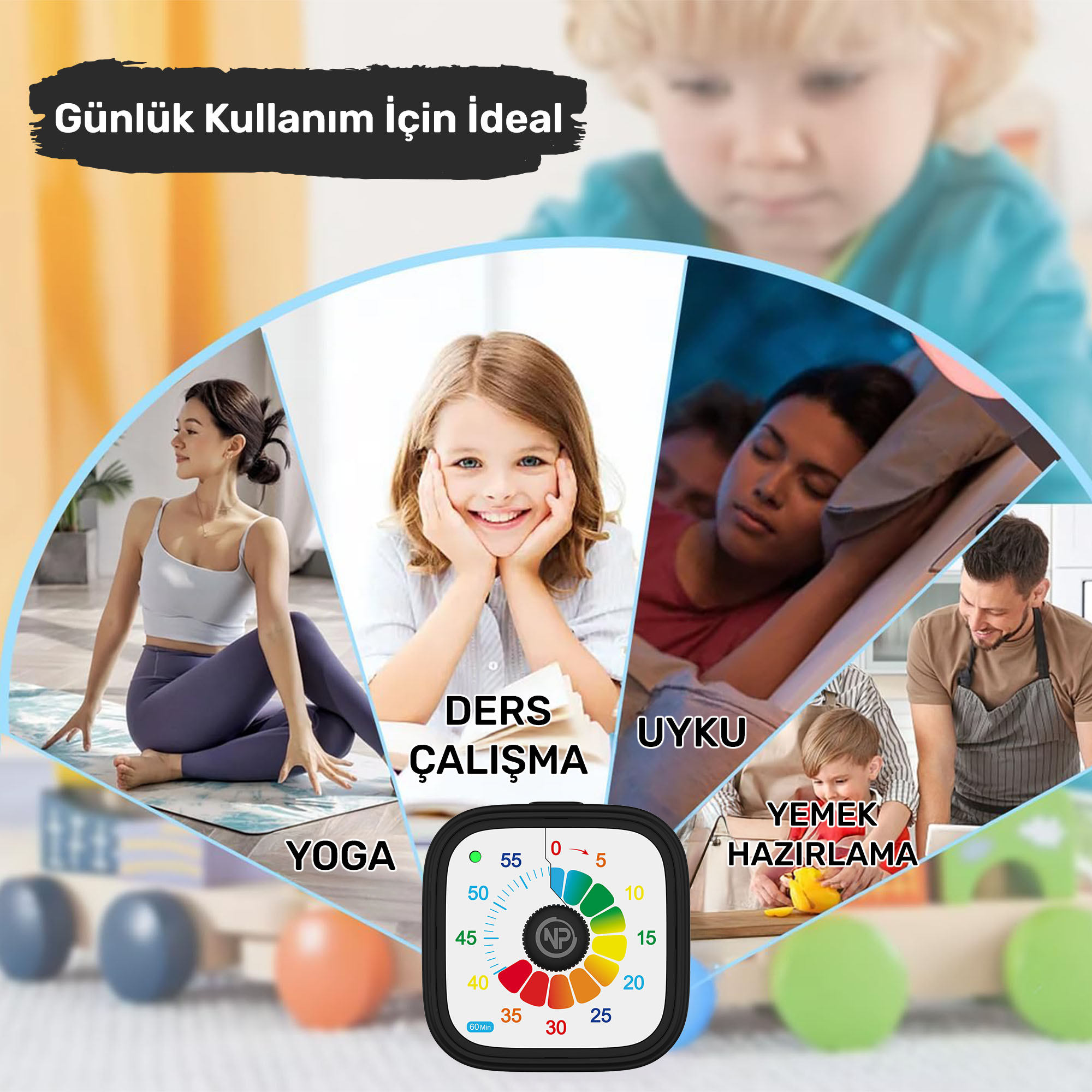 Görselde yoga, ders çalışma, uyuma ve yemek pişirme sahneleri, ortada bir zamanlayıcı var. Arka planda bir çocuk var.