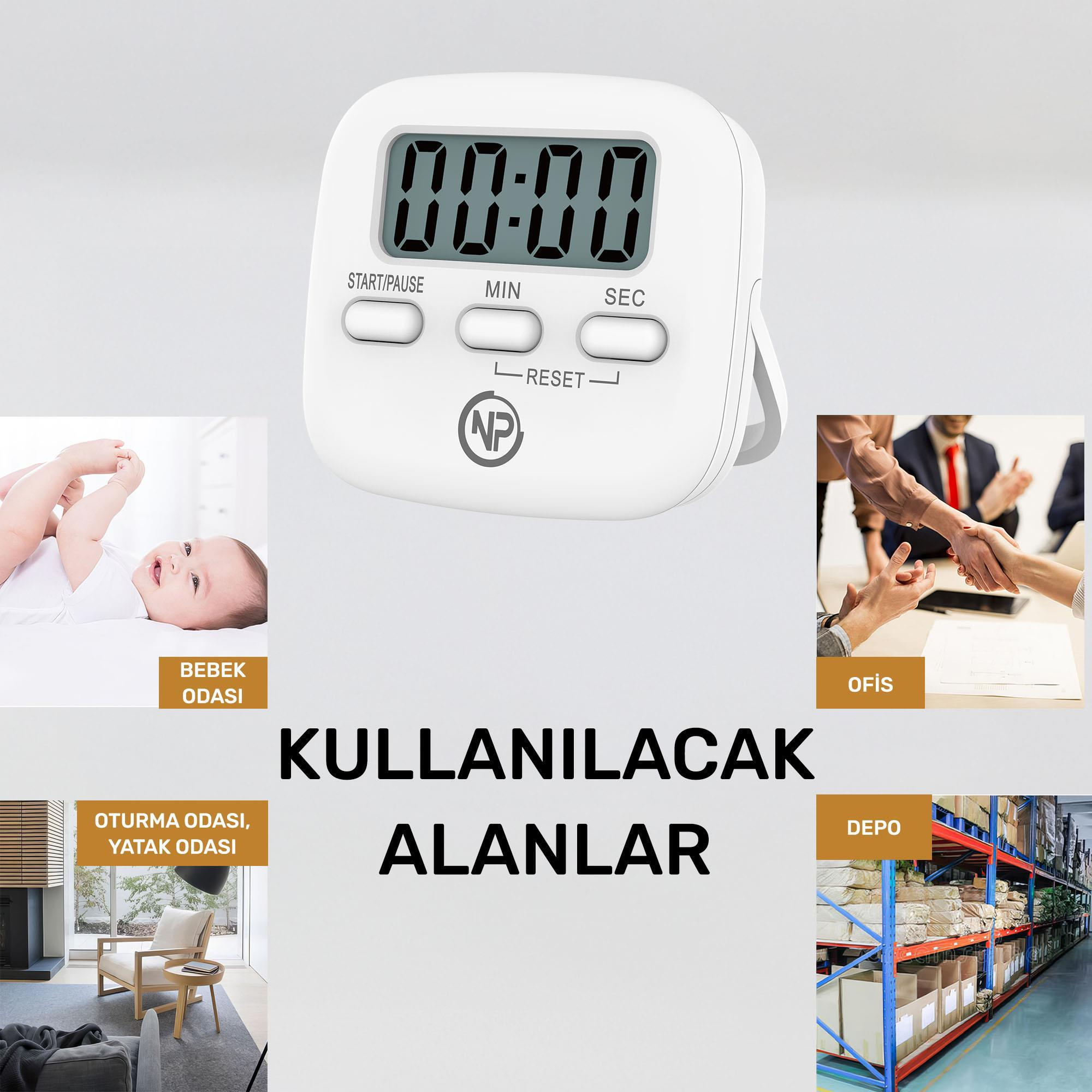Düğmeleri olan beyaz dijital mutfak zamanlayıcısı, 00:00 ekranı ve farklı odalar için etiketler: bebek, ofis, oturma odası ve depo.